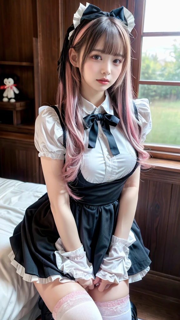 Photo shoot by a professional photographer、Real、Realistic、Super detailed、Pink Hair、Light grey hair、((Two-tone hair))、Age 25、20th Generation、White Lolita dress with delicate pink decoration、Slender women、Large Breasts、Cute Woman、 8K Ultra HD,Detailed face、Delicate texture, Long Hair、(((Blunt bangs)))、(((Drill Hair)))、Tutu skirt、Thigh-length lace tights、short boots、((Ethnic Lolita))、mini skirt、A room in a Western-style building、((Delicate photo))，(RAW photo details:1.25), (Highest quality:1.6), (Ultra-high resolution:1.5), (Realistic:1.75), 8K resolution, Canon EOS R5, 50mm, Absurd, Very detailed,Cinema Lighting、((stuffed toy:1.25))、(Browsing Caution:1.45)、(Spread your legs)、bow、Border pattern panties