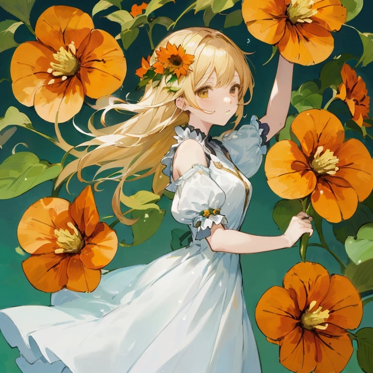 Anime girl in white dress surrounded by orange flowers,  in dress, Violet Evergarden, ehime, Beautiful sunflower anime girl, Shirabii, Cute anime waifu in a nice dress, blonde - haired princess, splash art anime , Wearing a flower dress, official artwork, queen of flowers, Yoshitakka Amano Karol Bak