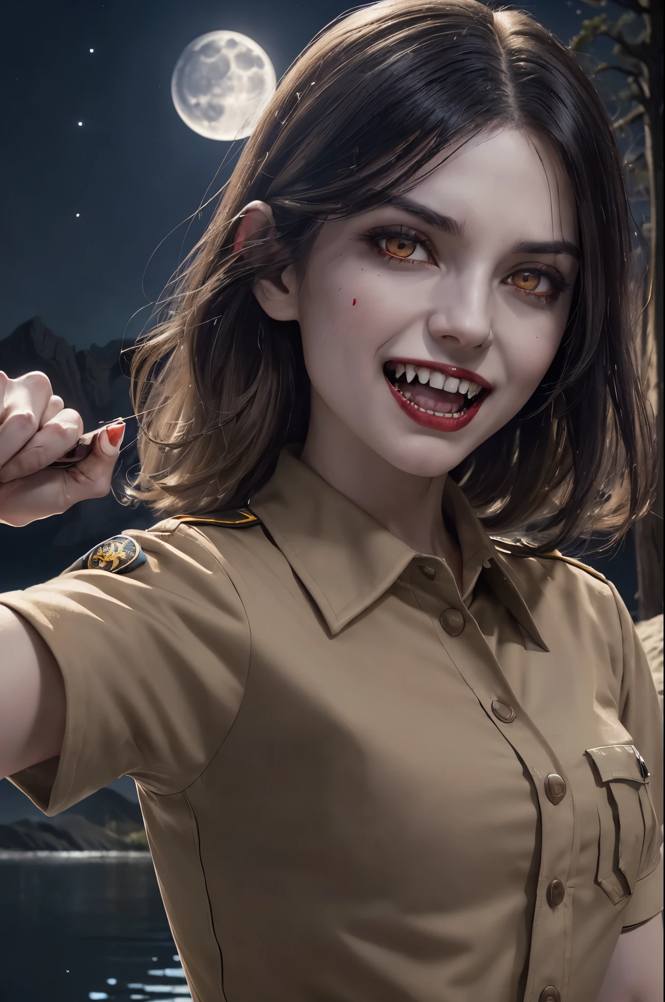 (((night, moonlight))) ((a deserted lake)) Vampire woman, (((red eyes and fangs))), pale skin, (((park ranger uniform, beige National Park uniform, short sleeves)))), (open mouth, blood on mouth), (evil grin), looking at viewer, (full figure), sopping wet, style of a painted book illustration, dramatic lighting, ((depth of field)), ((masterpiece)), ((best quality)), ((highly detailed)), horror theme