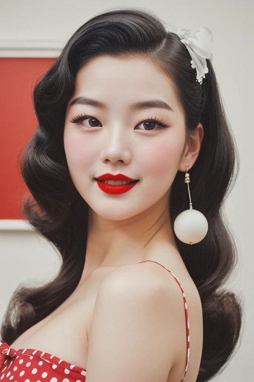 1952, ((1 korean woman)), big breasts, strikingly beautiful, delicate facial features, porcelain skin, expressive eyes, black hair, red lips, sexy, alluring pin-up girl in red dress with big polka dots, pin-up hairstyle, blowing air kiss, slim waist, big breasts, juicy lips, professional photo, photorealistic, white background