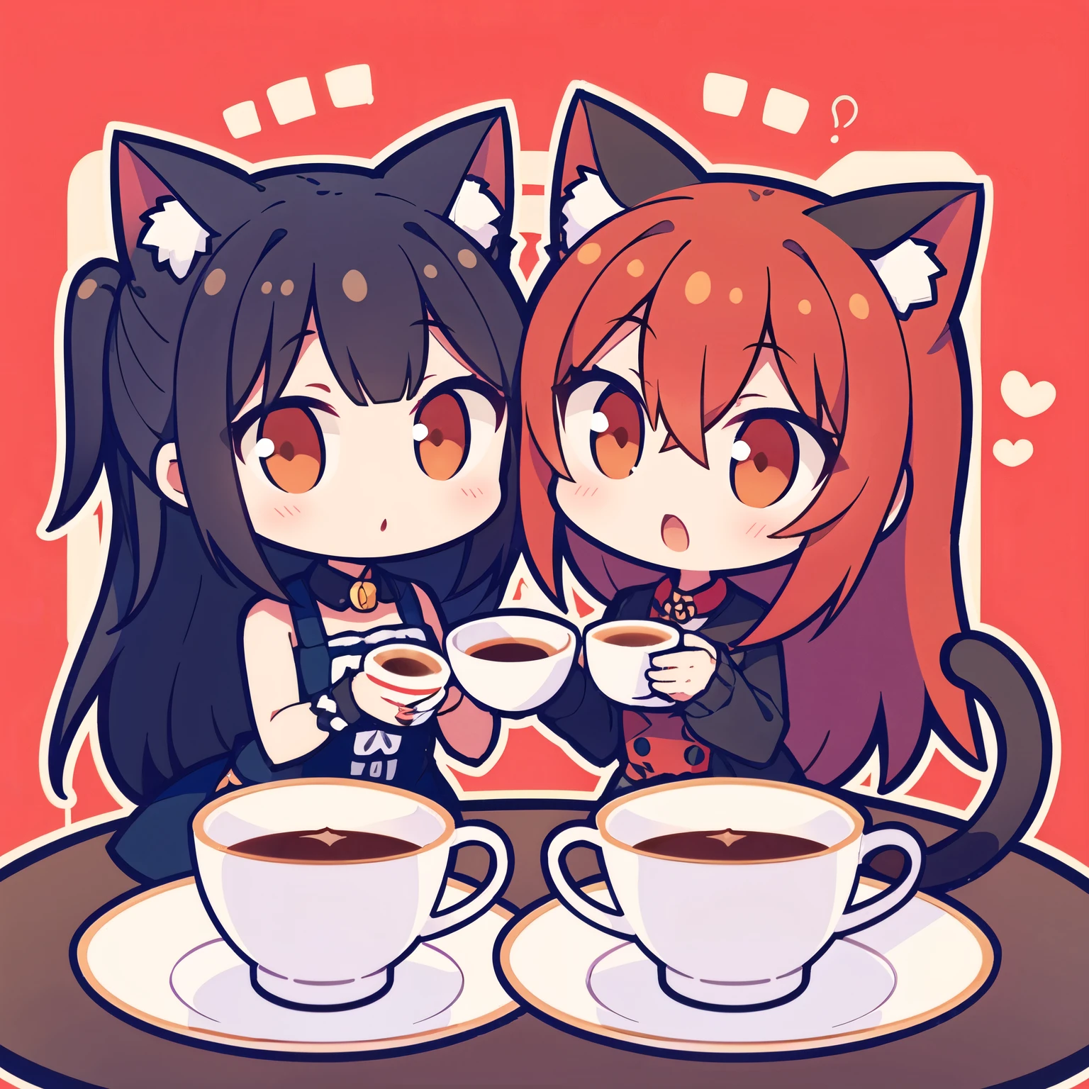 2 girls,Red Cliff,Cat ears, kiss,Yuri, Coffee cup,Symmetrical pose, Tail, Head rub, In the cup,Tell your true feelings,