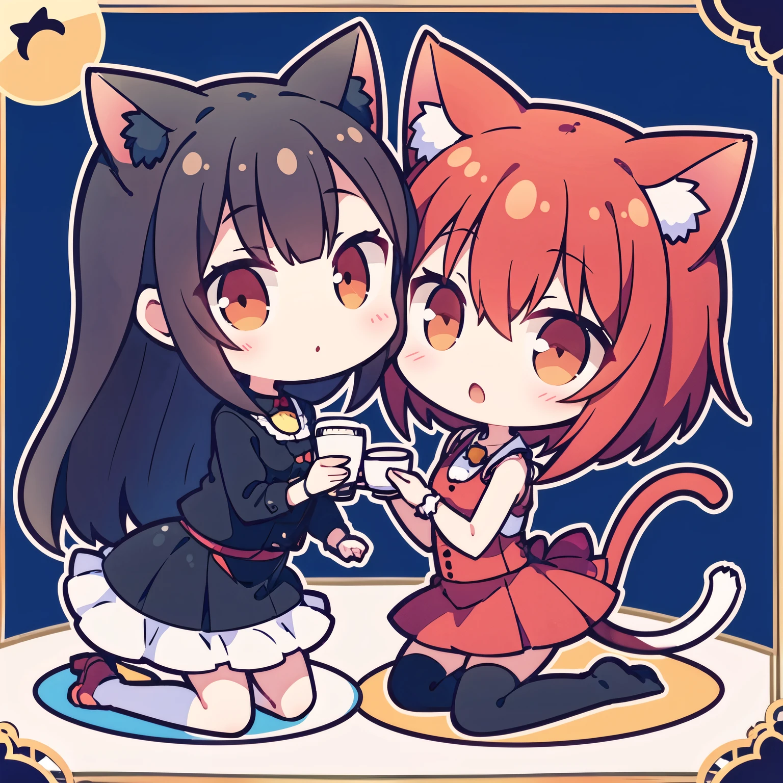 2 girls,Red Cliff,Cat ears, kiss,Yuri, Coffee cup,Symmetrical pose, Tail, Head rub, In the cup,Tell your true feelings,