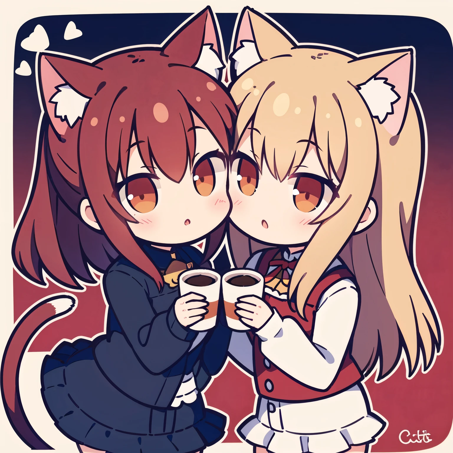 2 girls,Red Cliff,Cat ears, kiss,Yuri, Coffee cup,Symmetrical pose, Tail, Head rub, In the cup,Tell your true feelings,