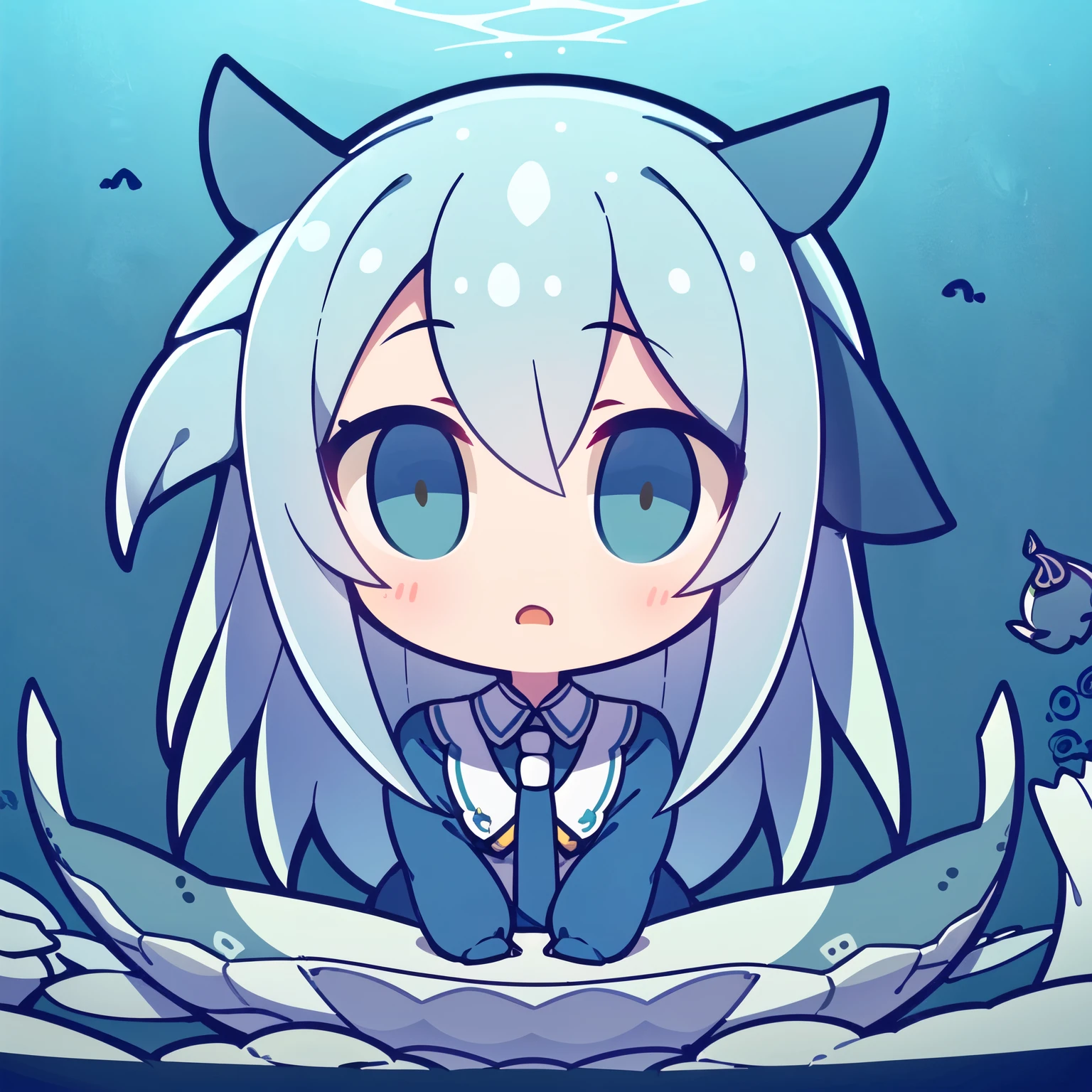(masterpiece, best quality, Extremely detailed, The best shadow), (Beautiful and delicate face:1.3),(Solitary), (_friendly:0.8),High contrast, Ultra-high resolution,(1 girl under the deep sea:1.6),(Dive and pet whales:1.3),whole body, Diving suit,refract Light from above,发Light_Light,Vivid seaweed,Colorful corals, Watching_far away, Tropical Fish,(turbulence disturbed hair:1.2),([blue|silver] hair:1.1) 