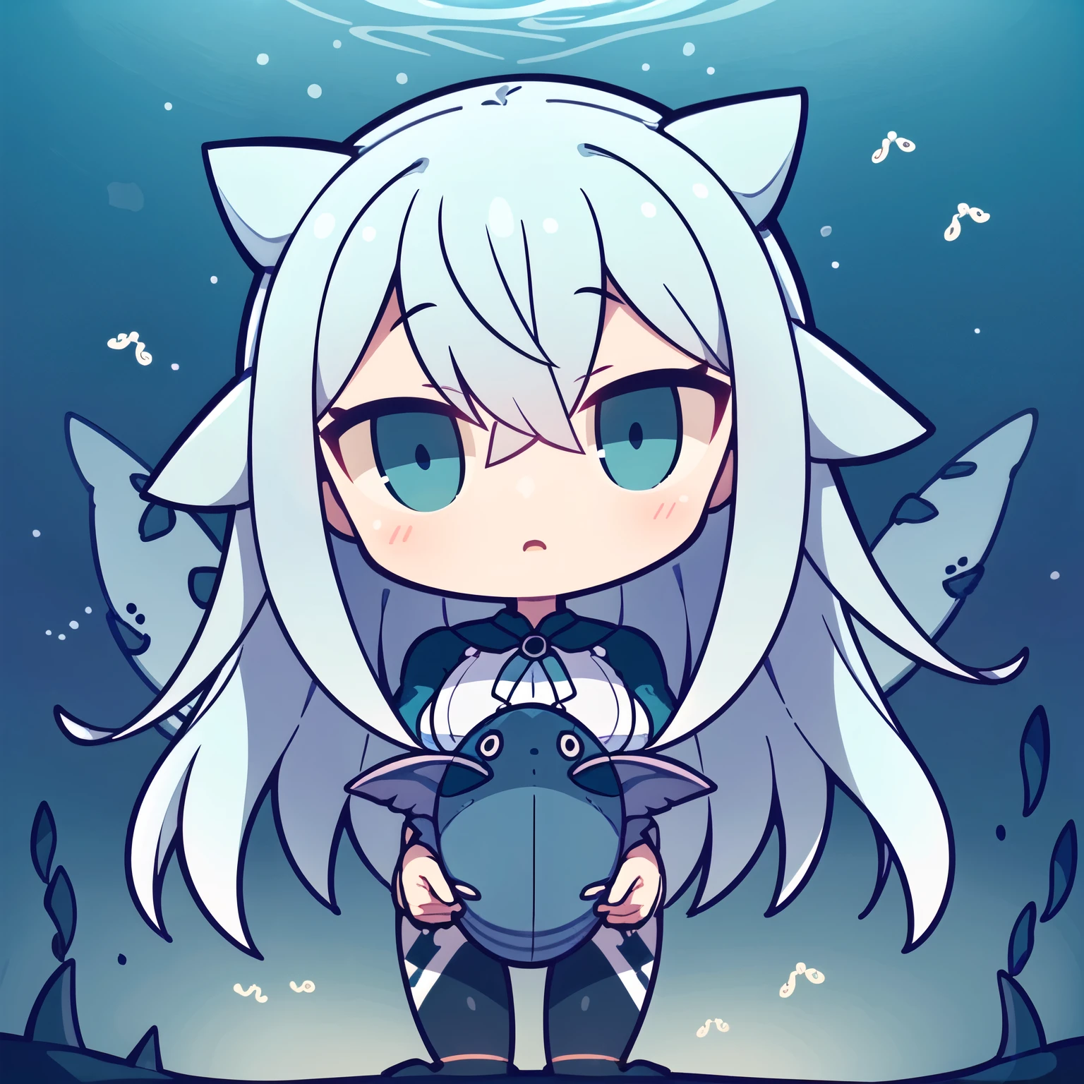 (masterpiece, best quality, Extremely detailed, The best shadow), (Beautiful and delicate face:1.3),(Solitary), (_friendly:0.8),High contrast, Ultra-high resolution,(1 girl under the deep sea:1.6),(Dive and pet whales:1.3),whole body, Diving suit,refract Light from above,发Light_Light,Vivid seaweed,Colorful corals, Watching_far away, Tropical Fish,(turbulence disturbed hair:1.2),([blue|silver] hair:1.1) 