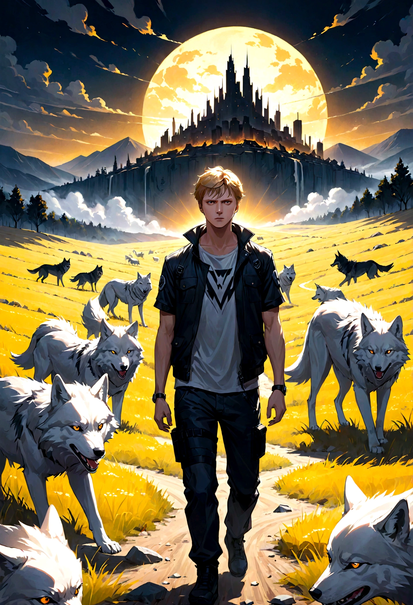 johnny lawrence man in a dystopian field,A pack of wolves following behind.