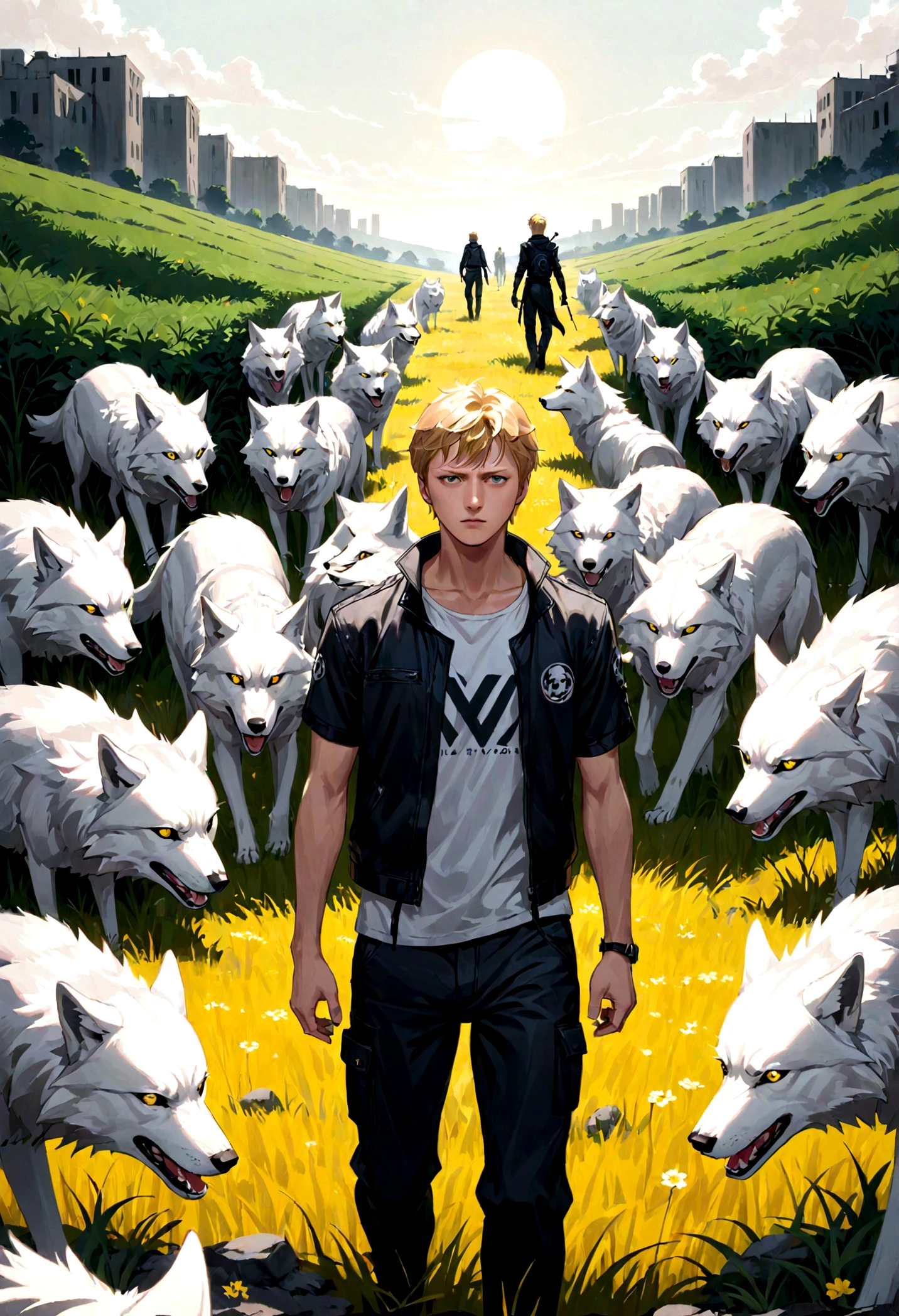johnny lawrence man in a dystopian field,A pack of wolves following behind.