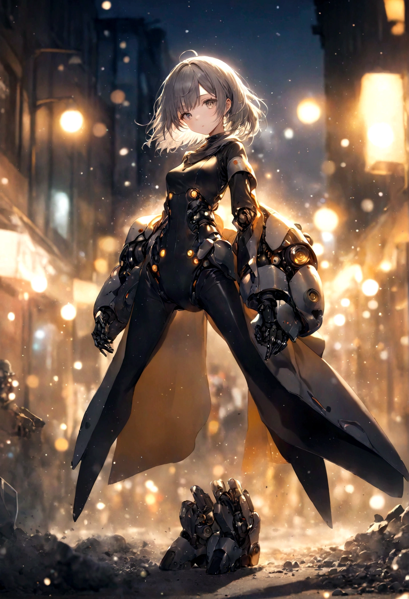 ((Film Grain, Bokeh, Light Particles ,dust, Extreme shooting angles.)), Dynamic poses, Full body shot of a young attractive broken robot woman, Raised eyebrows, night, street lamp, Gray hair