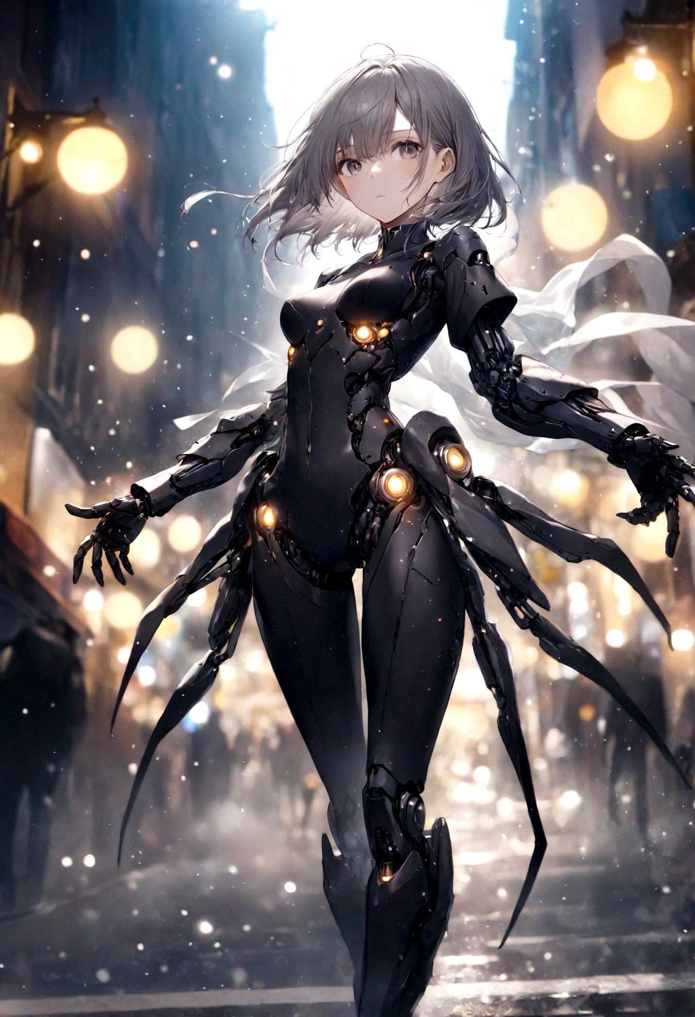 ((Film Grain, Bokeh, Light Particles ,dust, Extreme shooting angles.)), Dynamic poses, Full body shot of a young attractive broken robot woman, Raised eyebrows, night, street lamp, Gray hair