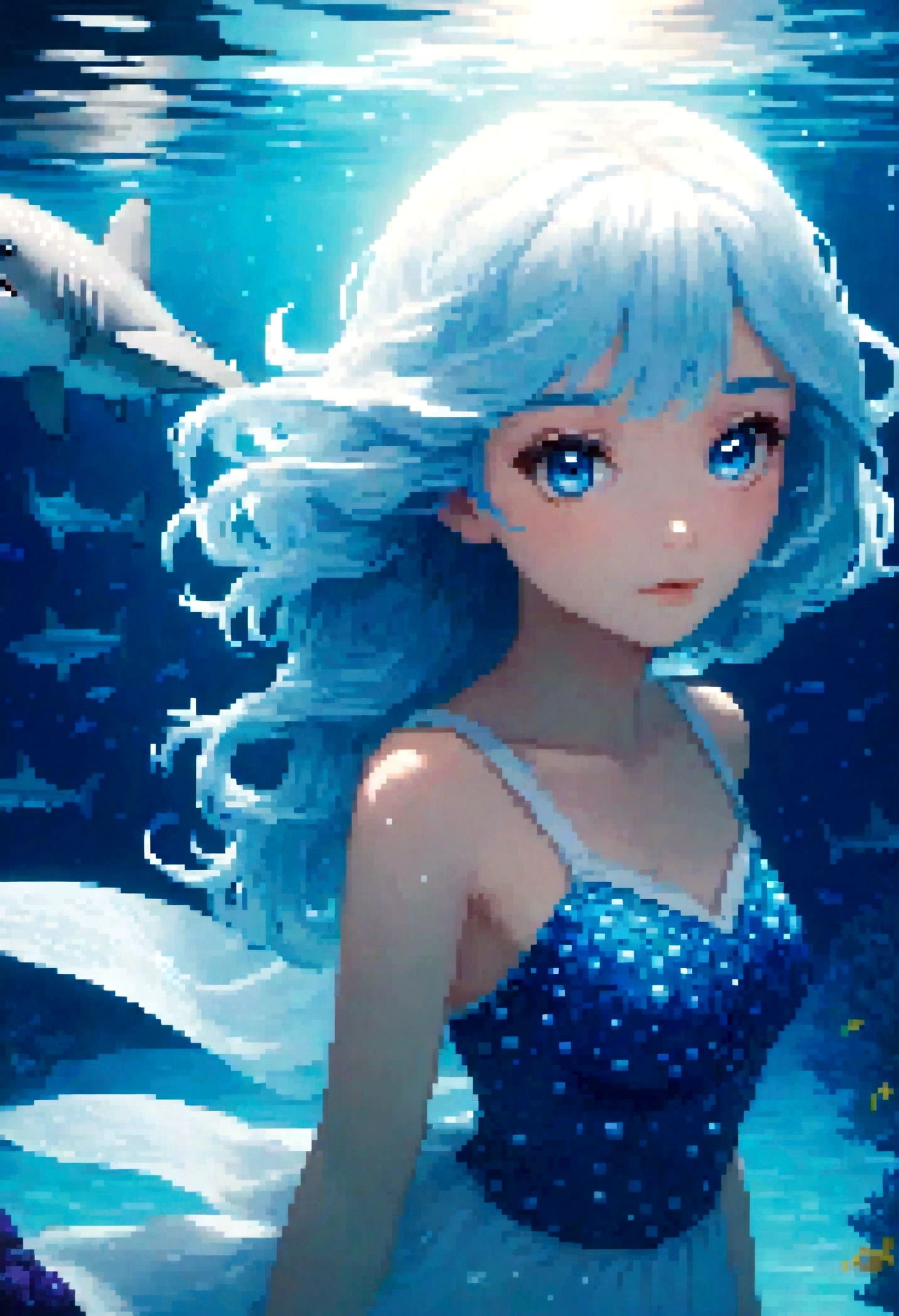 female, red under eye, under eye makeup, white eyes, white eyes, white eyelashes, blue hair, blue hair, flowing hair, flowing hair, glowing hair, glowing hair, while sharks, whale sharks, underwater, underwater, stoic face, calm face, beautiful, pretty, white dress, white dress, flowing dress, stars, stars in hair, pretty, shaded, glowing, glowing beautiful shading, glowing, under water, floating, floating