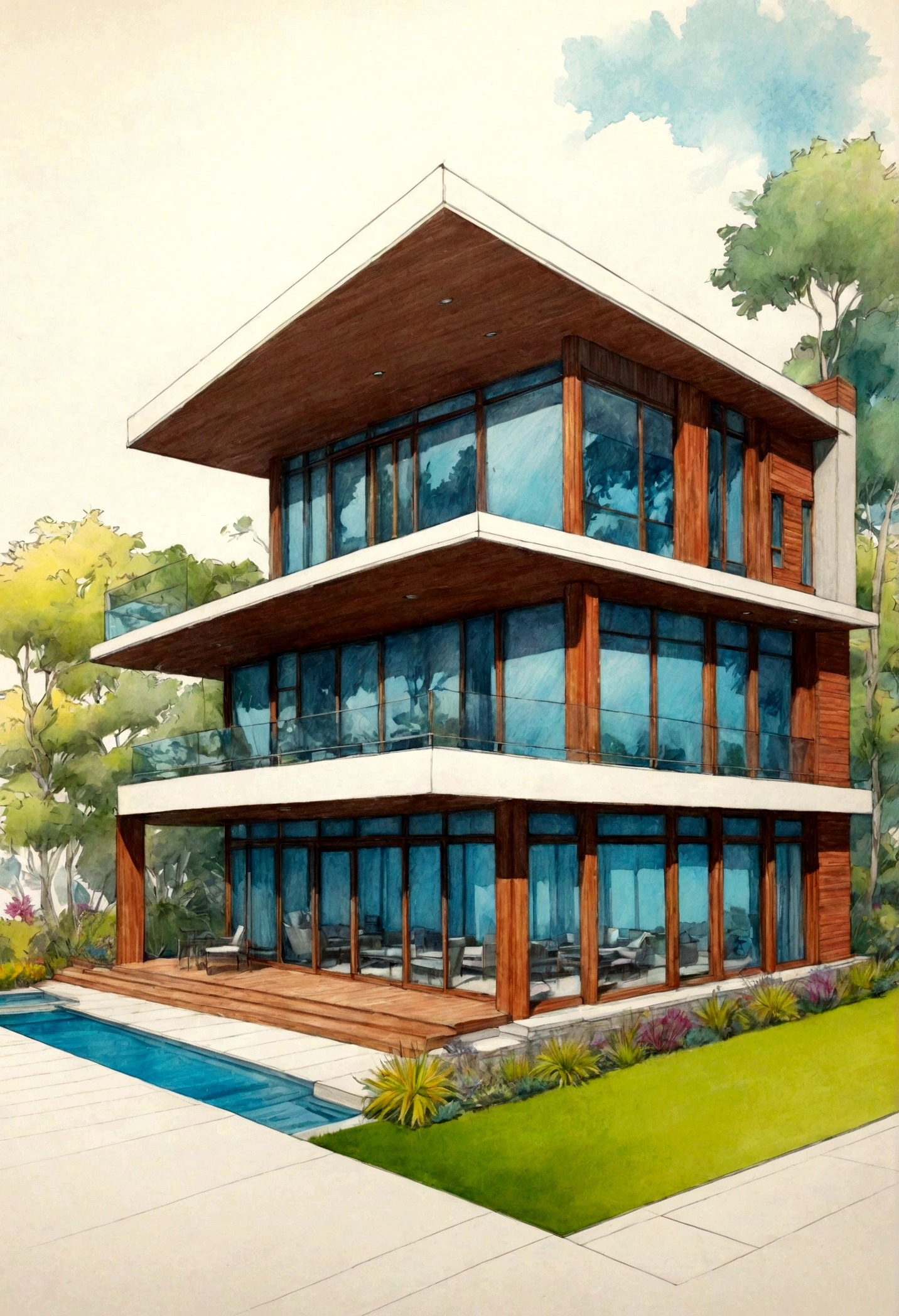 Pencil sketch, technical drawing, design for a new house, modern style, brilliant architecture, intricate details, 8k, masterpiece, colorful, rich vibrant colors