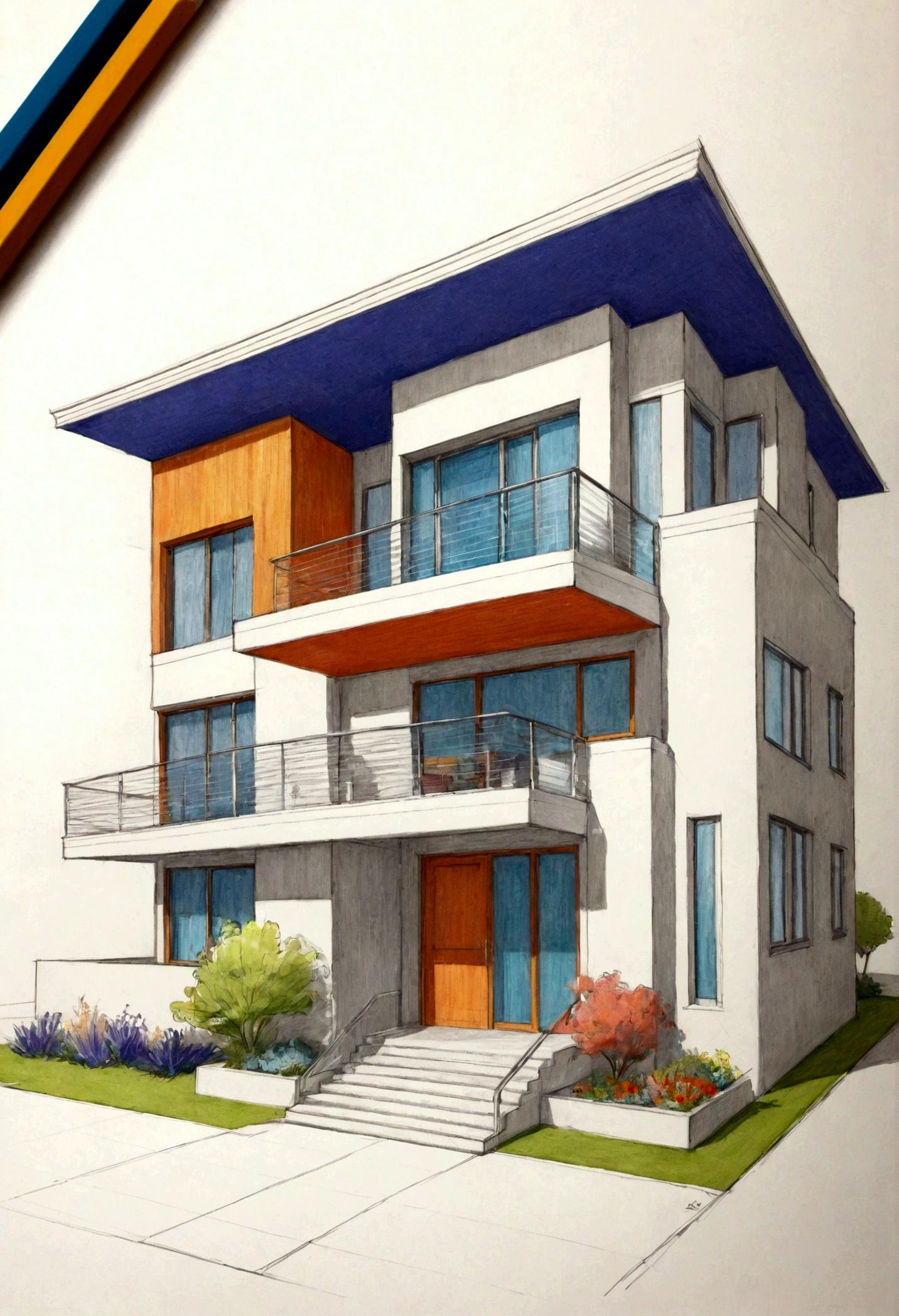 Pencil sketch, technical drawing, design for a new house, modern style, brilliant architecture, intricate details, 8k, masterpiece, colorful, rich vibrant colors