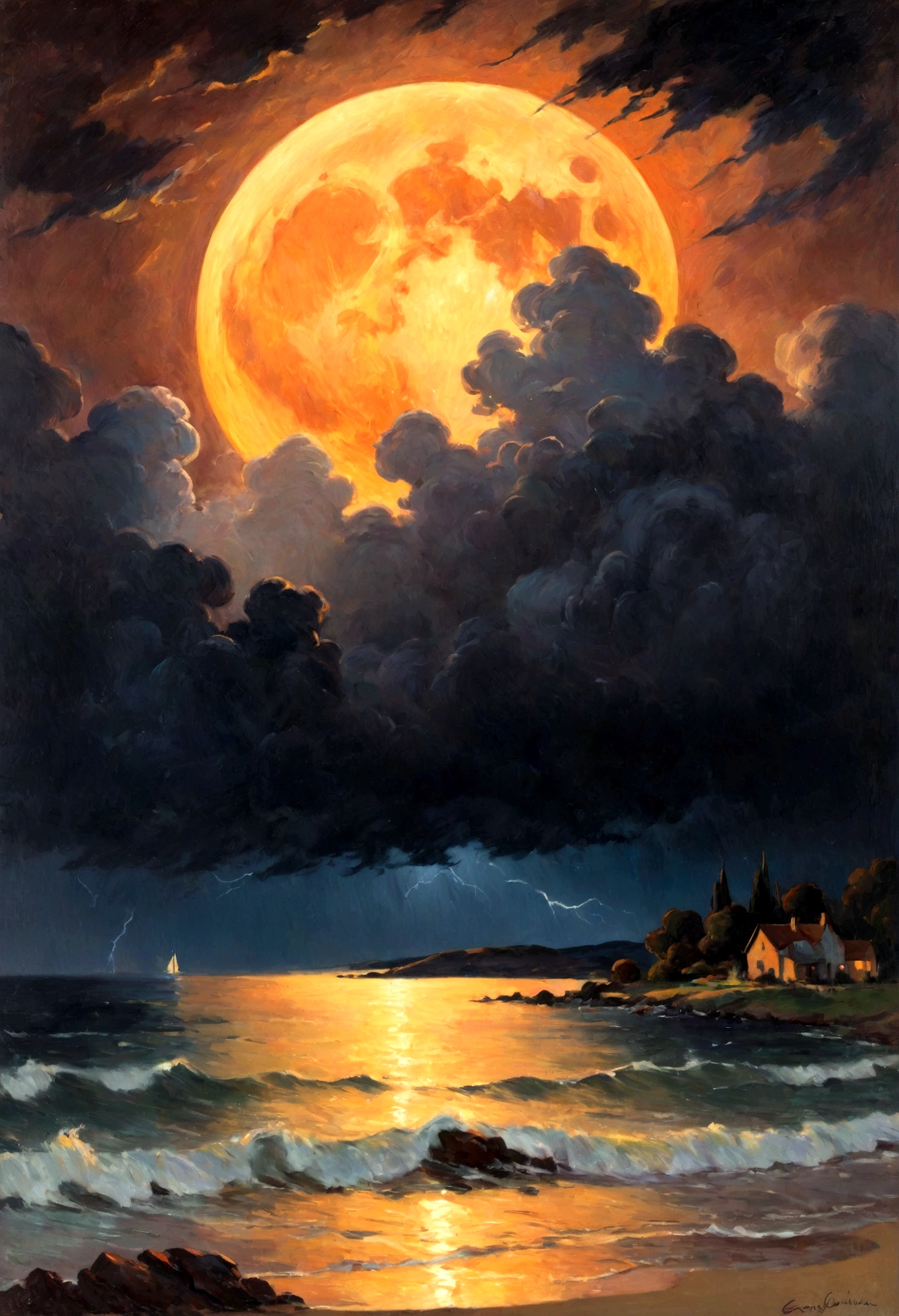Impressionistic realism, a prominent full moon on a stormy night, orange glow, violent thunderstorm, the image has a confounding effect, a juxtaposition of it's nature with the quiescence that is felt upon viewing it, an intense storm yet leaving a peaceful quiet inside, leaving the viewer to contemplate how good it is, masterpiece, 8k, art by Armand Guillaumin
