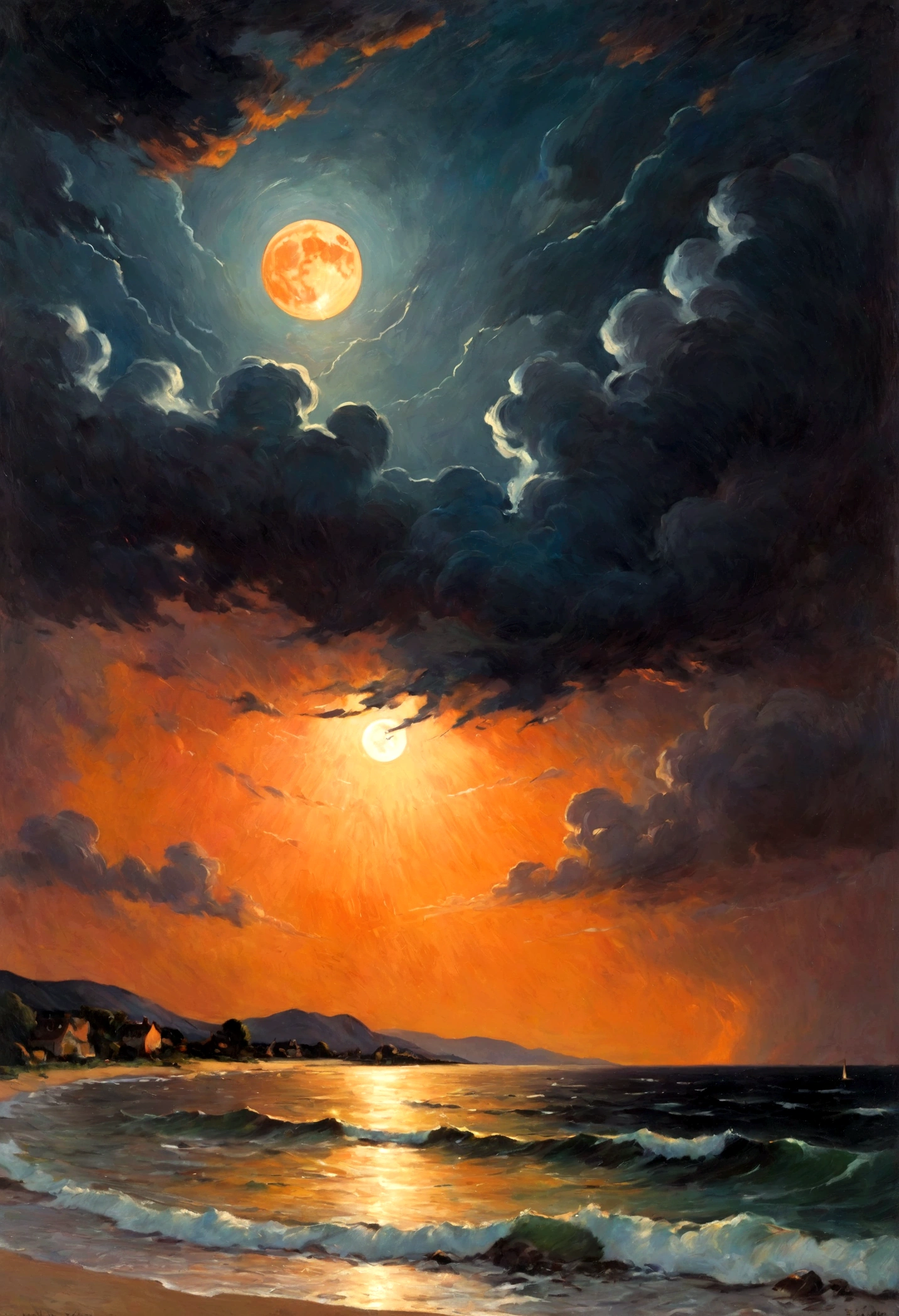 Impressionistic realism, a prominent full moon on a stormy night, orange glow, violent thunderstorm, the image has a confounding effect, a juxtaposition of it's nature with the quiescence that is felt upon viewing it, an intense storm yet leaving a peaceful quiet inside, leaving the viewer to contemplate how good it is, masterpiece, 8k, art by Armand Guillaumin