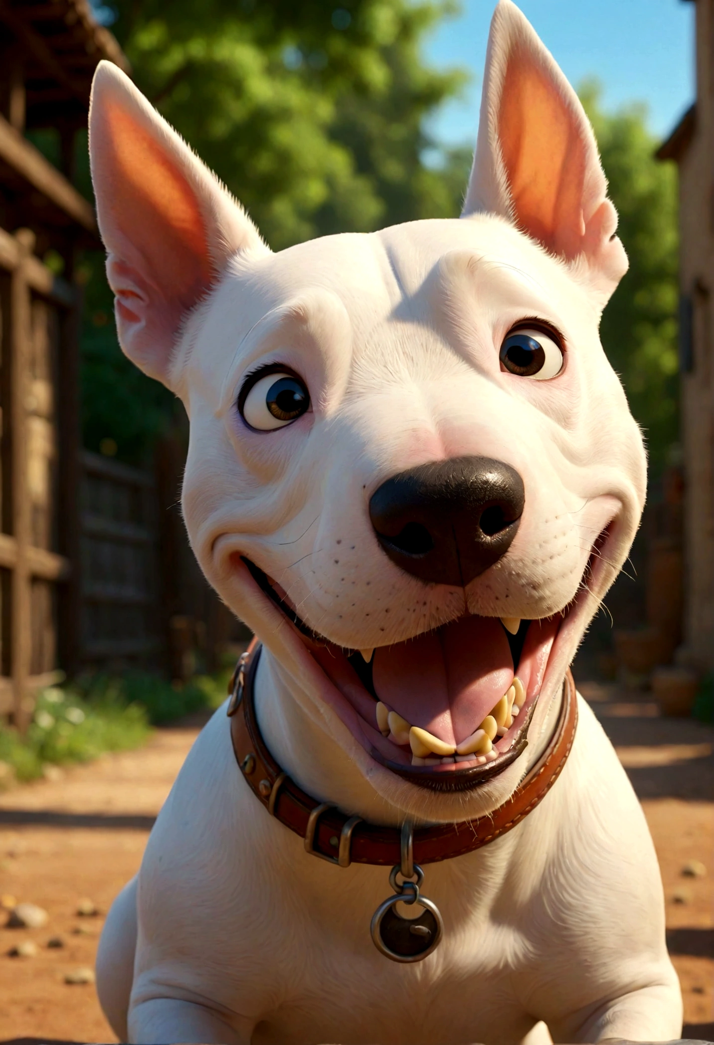 pixar style, 8k, realistic, vray, HDR,  6000K, perfect light, bokeh, dept of field, photorealistic, masterpiece, high resolution, best quality,
(pixar style), (pixar character:1.2, bull terrier, smiling, happiness, black marking on the eye
