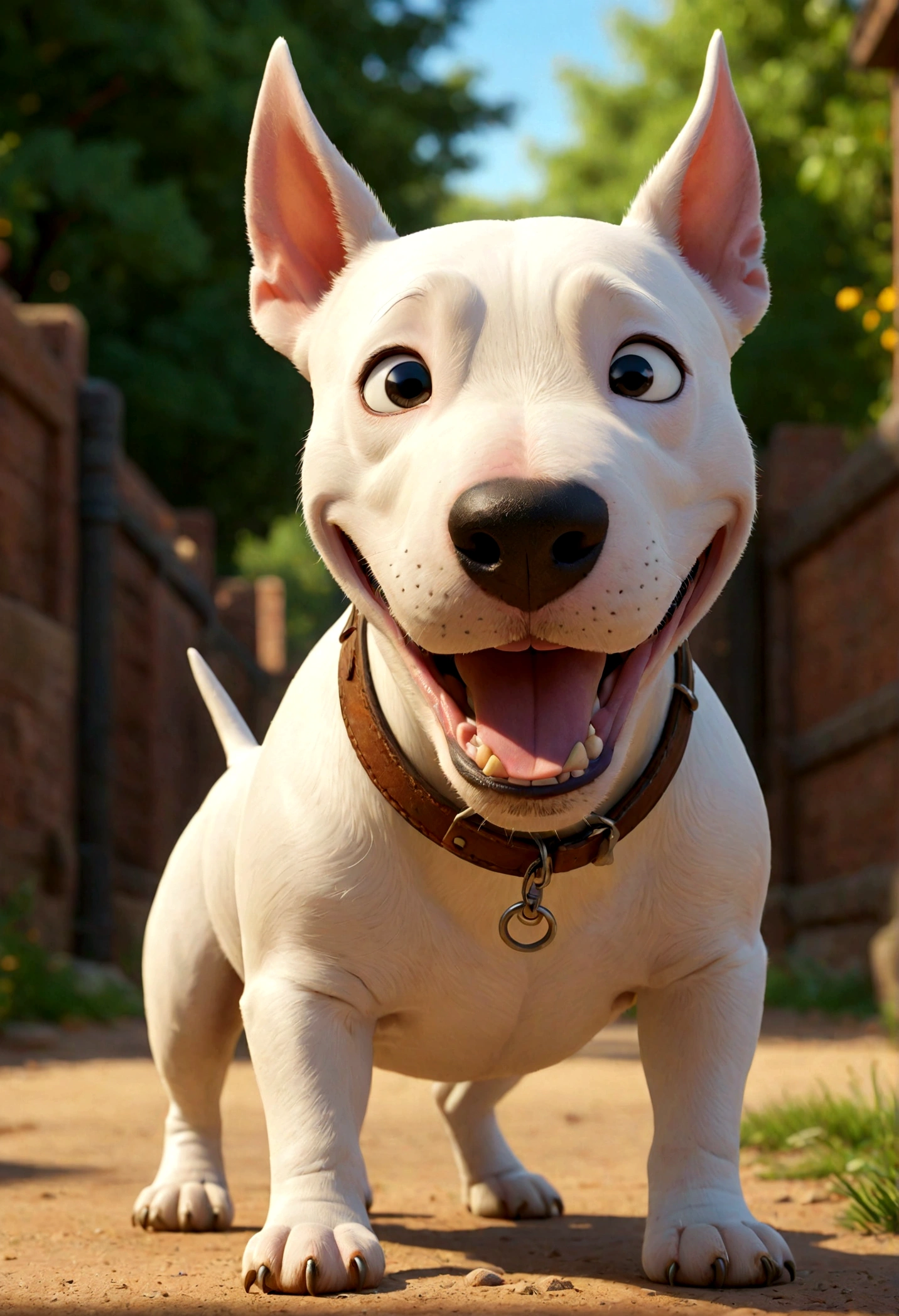 pixar style, 8k, realistic, vray, HDR,  6000K, perfect light, bokeh, dept of field, photorealistic, masterpiece, high resolution, best quality,
(pixar style), (pixar character:1.2, bull terrier, smiling, happiness, black marking on the eye
