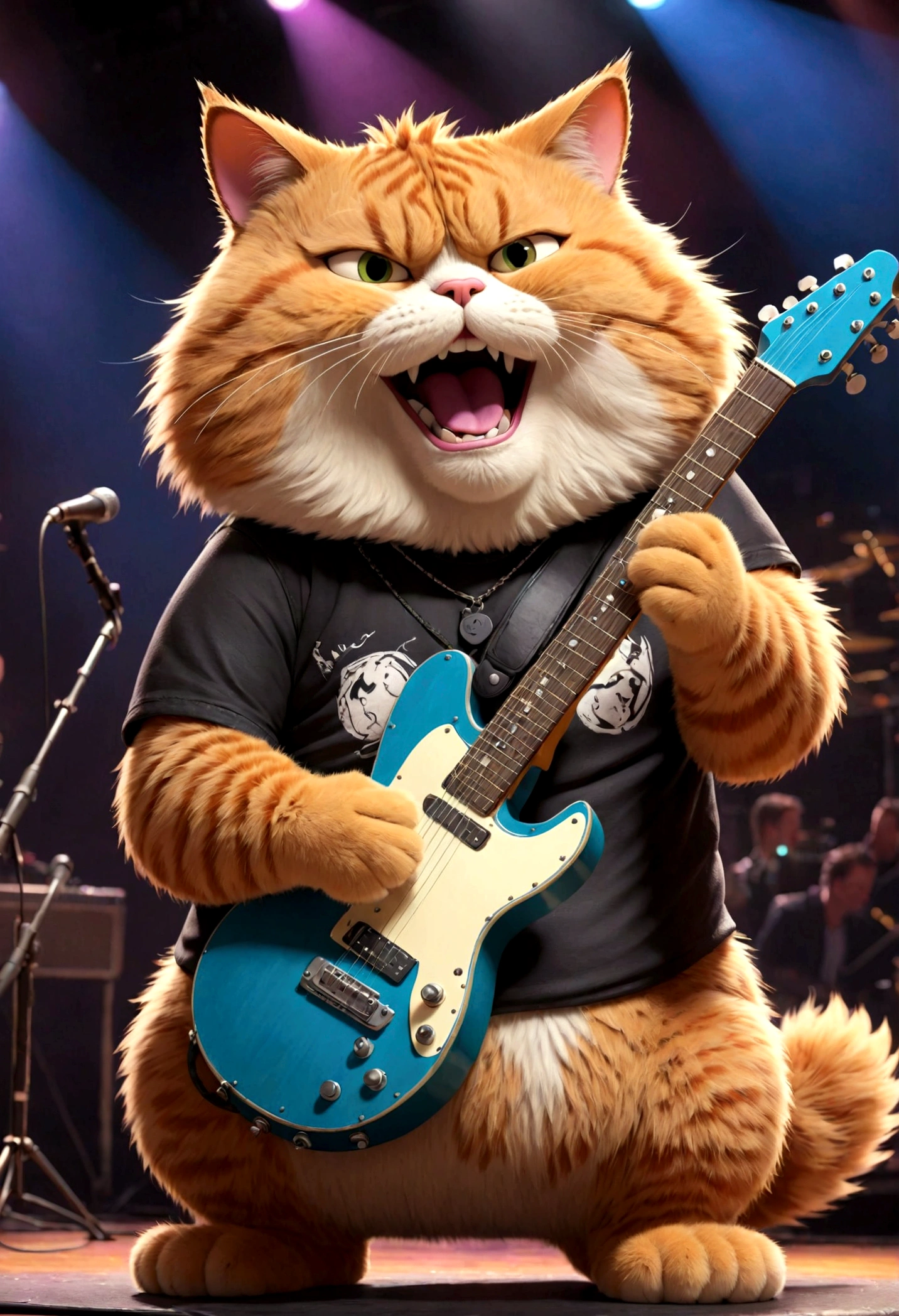pixar style, (an animal fat cat as rock singer), playing base guitar, hand drawing, in the concert, big furry animal tummy, illustration (best quality), (masterpiece)