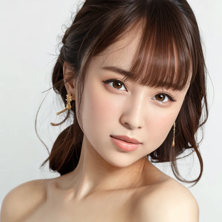 (highest quality, 8k, 32k, masterpiece), (Realistic), (Photorealistic:1.2), (High resolution), Very detailed, Very beautiful face and eyes, 1girl, Delicate body, (close, highest quality, Attention to detail, Rich skin detail), (highest quality, 8k), Very detailed, (Realistic, Realistic:1.37), Bright colors, (((Bust Shot))), (((Pure white wall background))), (((Look straight ahead)))