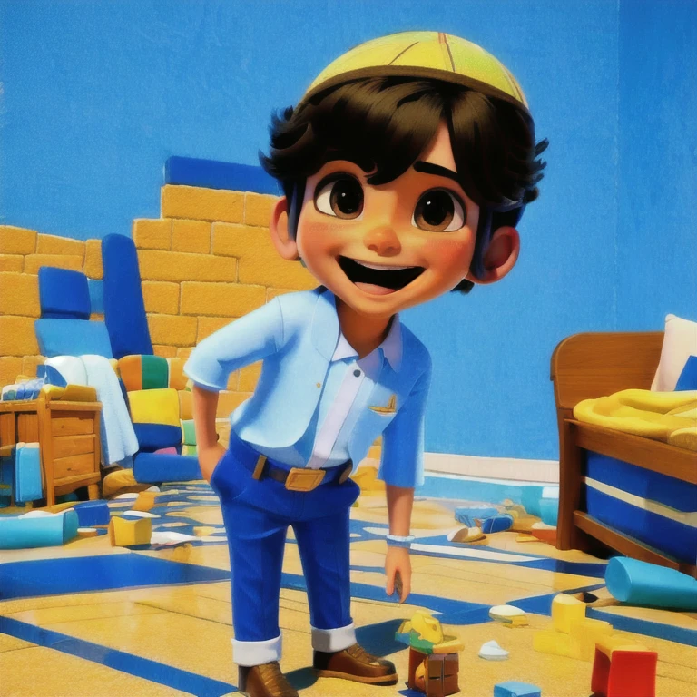 A imagem mostra um menino judeu animado, no estilo 3D da Pixar/Disney. Ele está vestindo uma kipá branca e um talit catan com listras azuis e brancas. cores suaves, cartoon