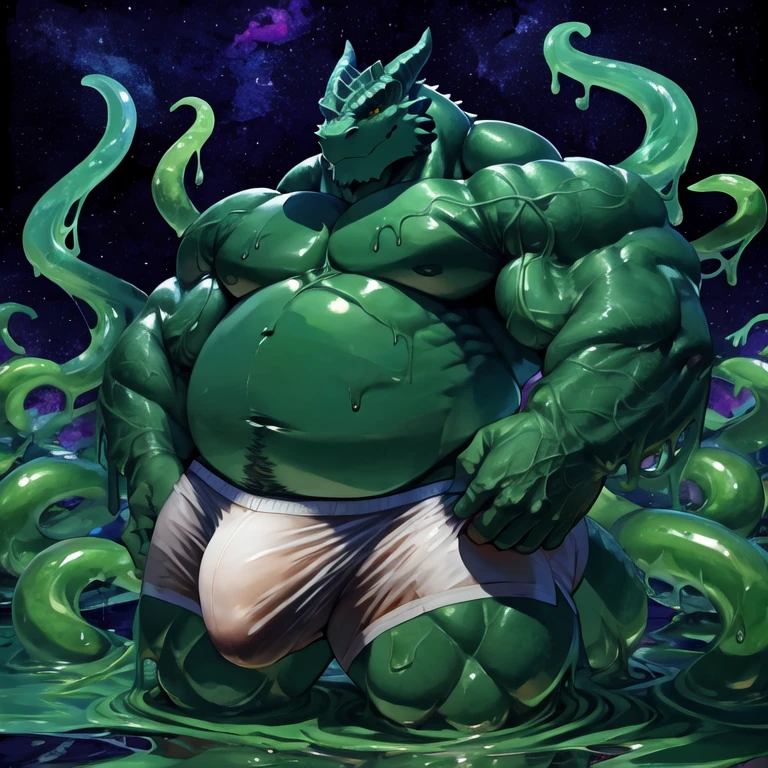 (masterpiece, best quality:1.2), (by othukimi), solo, 1boy, thedarkurge, dragonborn \(dnd\), green body, green scales, musclegut, vein, bodily fluids, covered in goo, goo creature, tentacle, his body is a long tentacle, his body is a huge tentacle, (barely visible genitalia), bulge, veiny penis, very long and hyper penis bigger than his body, realistic, realistic hand, detailed muscle, masterpiece, 8k