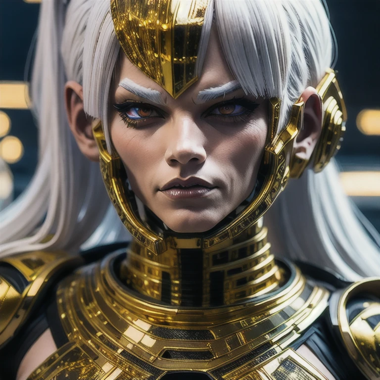 a close up of a person in a gold suit with a white hair, cyborg jd en, cyberpunk jiden, god emperor bdn, emperor b en, jden as an anime villain, j as thos, jen as a sith lord, dark lord bdn, joden with laser eyes, jon as batman