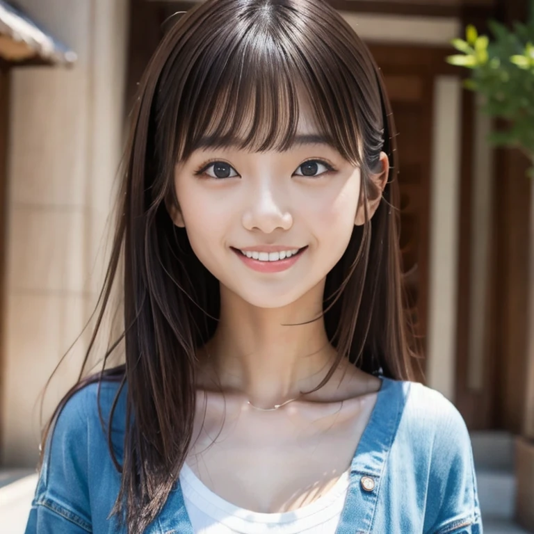 (masterpiece, best quality:1.2), 1girl, solo, ((highest quality)), ((masterpiece)), (detailed),Japanese Beauty, One Girl, (beautiful girl:1.3), (18-year-old:1.2), Very fine grain definition, (Symmetrical eyes:1.3), Parted bangs, smile, Short white T-shirt, Denim skinny pants