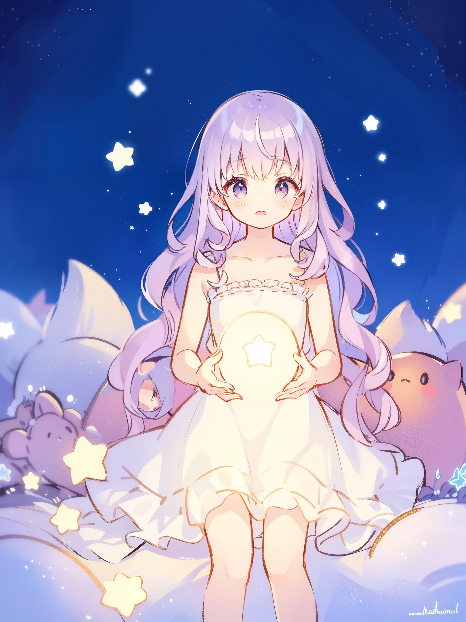 wishing stars, girl wearing a translucent white dress made of stars, pale lilac wavy hair, magical, fantasy, whimsical, complex drawing, highly detailed, ethereal, starry night, midjourney style