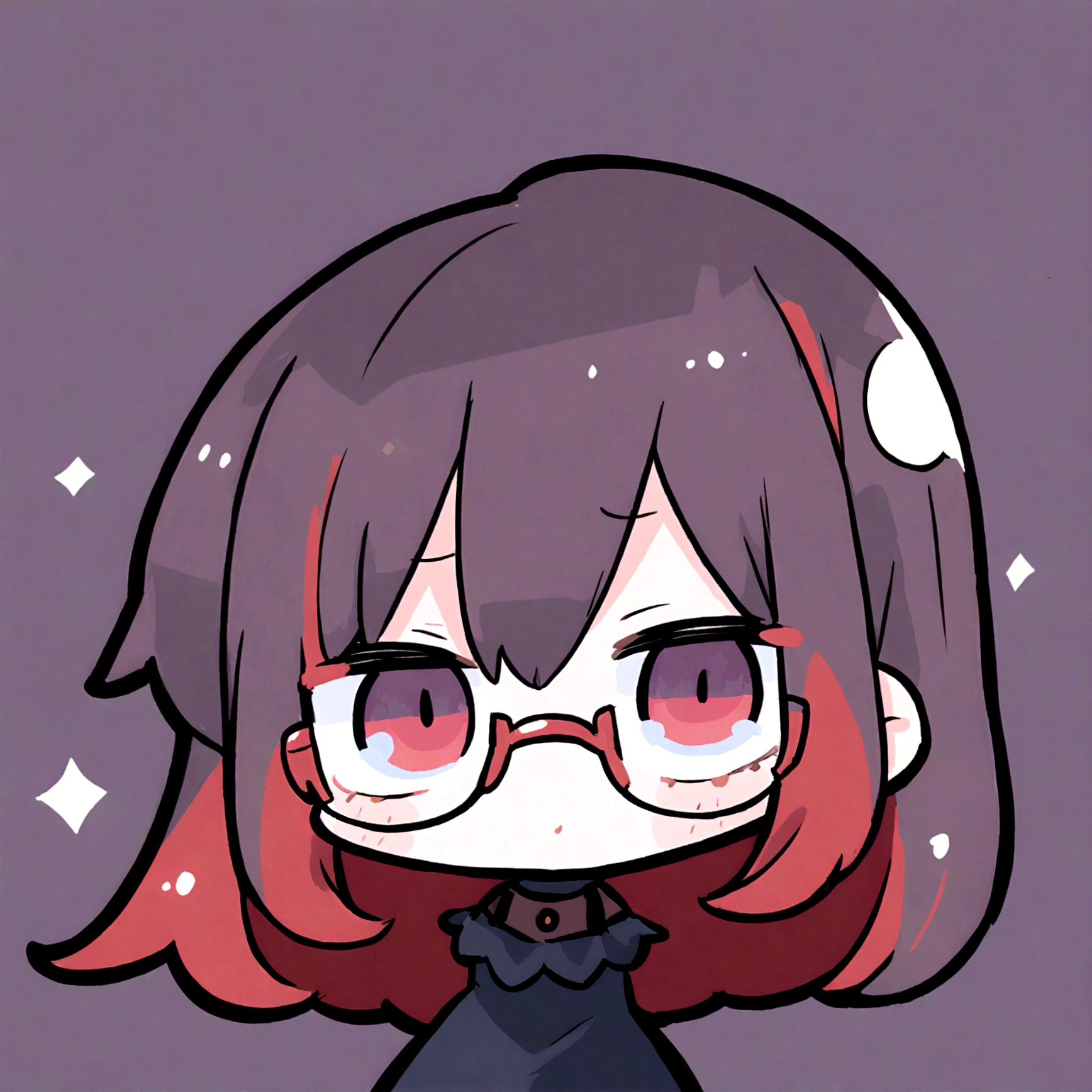 a chibi female with a black dress, red long hair and glasses on