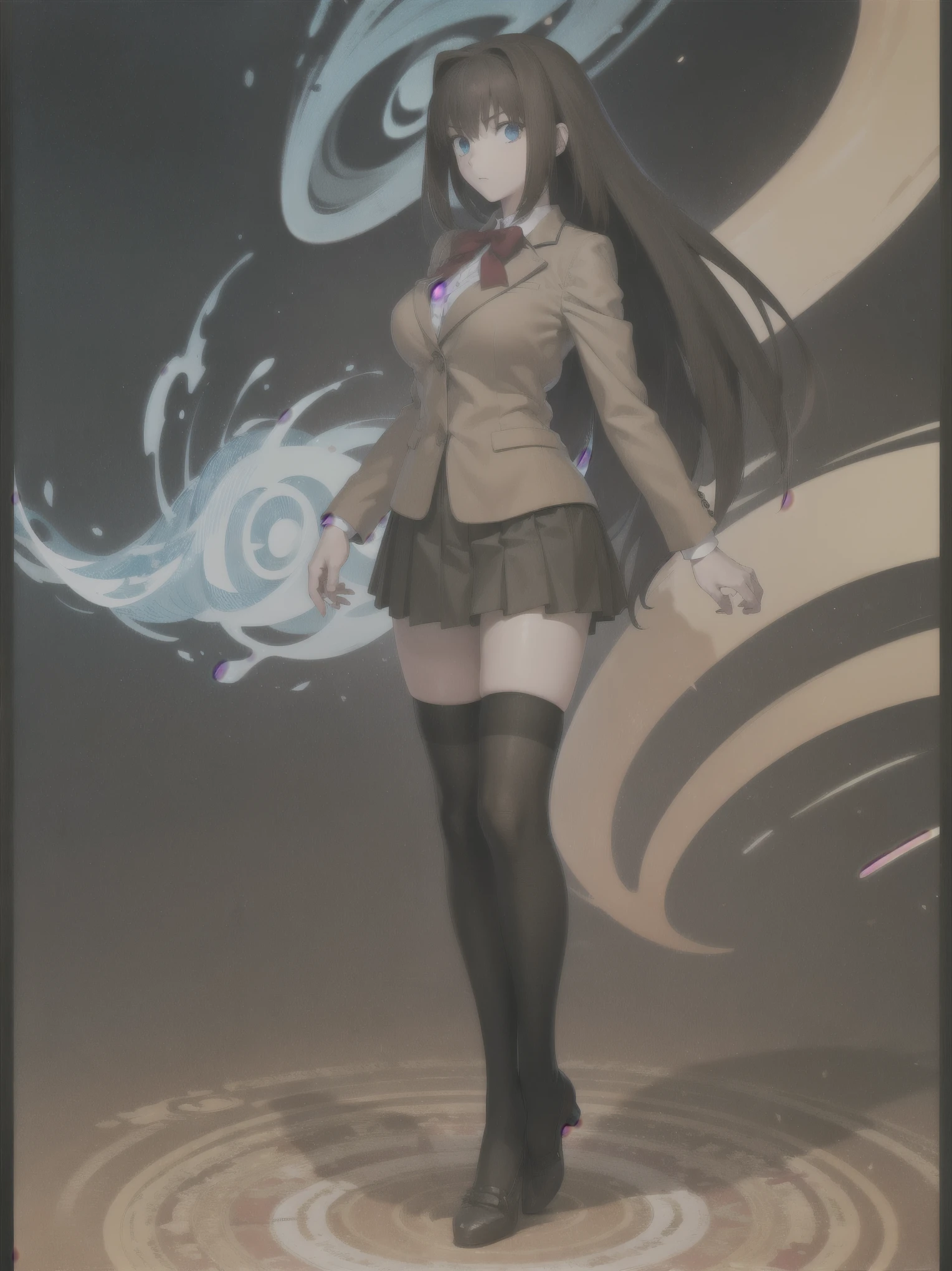 BREAK, centered, BREAK, (EMPTY BACKGROUND), BREAK, (masterpiece), best quality, high resolution, 8k, illustration, (beautiful detailed eyes:1.5), extremely detailed face, extremely detailed body, CG, perfect hands, perfect anatomy, ((1girl)), ((solo)), (((bbaoko:1))), ((2 legs max)), ((2 feet max:1.5)), ((swirling vortex shaped longest brown hair:1.5)), (brown longest hair with slightly reddish undertone:1.6), (lush luscious longest brown hair:1.6), (very long voluminous longest brown hair:1.5), serious, blue eyes, red bowtie, (Form-fitting beige blazer:1.5), brown jacket, (highly detailed beautiful face:1.2), (white shirt:1), (well shaped large breasts:1.6), (nice hips:1), perfect legs, ((Umber pleated skirt:1.6)), ((bkshrt:1.5)), (toned visible skin thighs:1.6), (((highest black kneesocks:1.5))), (strap shoes brown color), (facing front:1.5), ((standing straight:1.5)), ((Fullbody in frame:1.5)), ((Full body:1.5)), (takeuchi takashi:1)