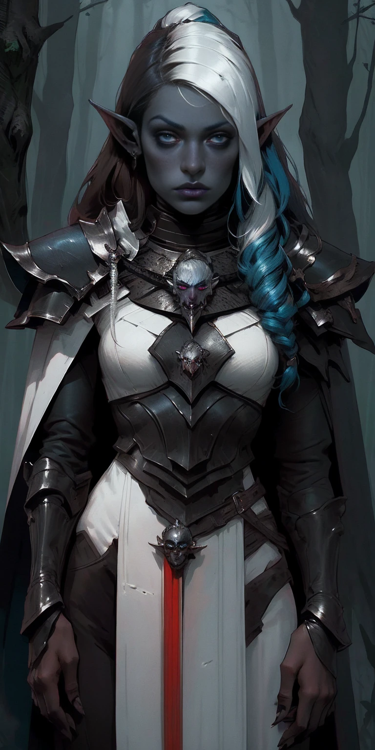 masterpiece, best quality, CG, wallpaper, HDR, high quality, high-definition, extremely detailed, drow, colored skin, dark elf, blue skin, grey skin, pointy ears, cape, armor, looking at viewer, 1girl, forest, dark forest, mythical forest, dimmed light, brown eyes, long hair, chibi
