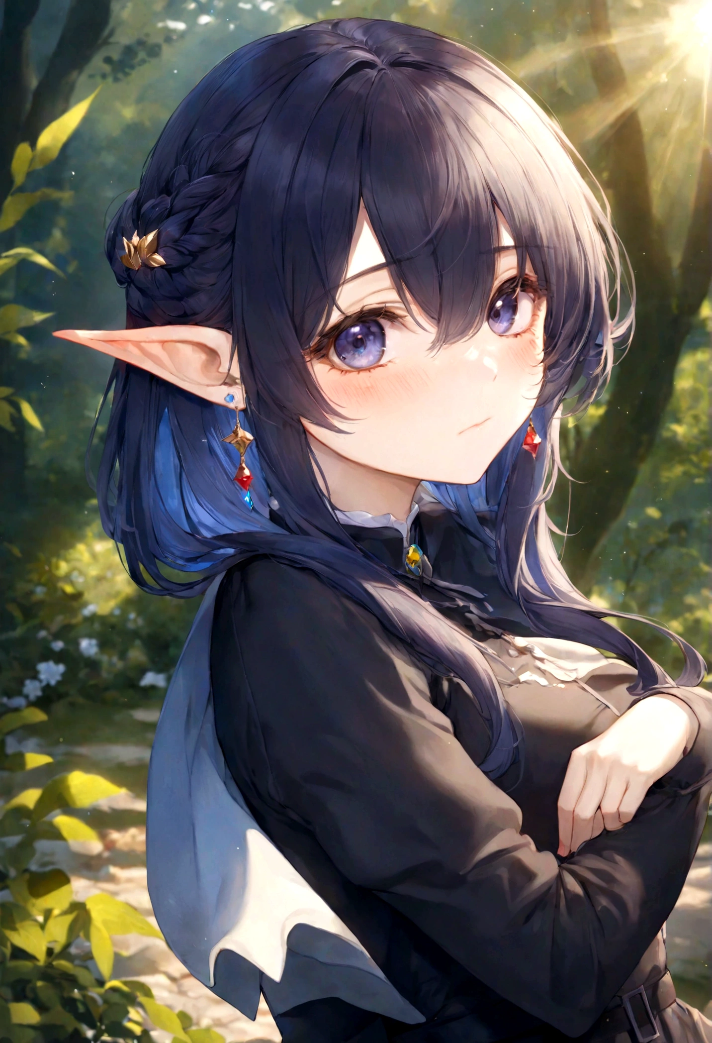 1girl, cute pose, frieren, sousou no frieren, elf, outdoors, sunlight, blush, closed mouth, hair between eyes, long sleeves, earrings, best quality, masterpiece, very aesthetic, perfect composition, intricate details, ultra-detailed