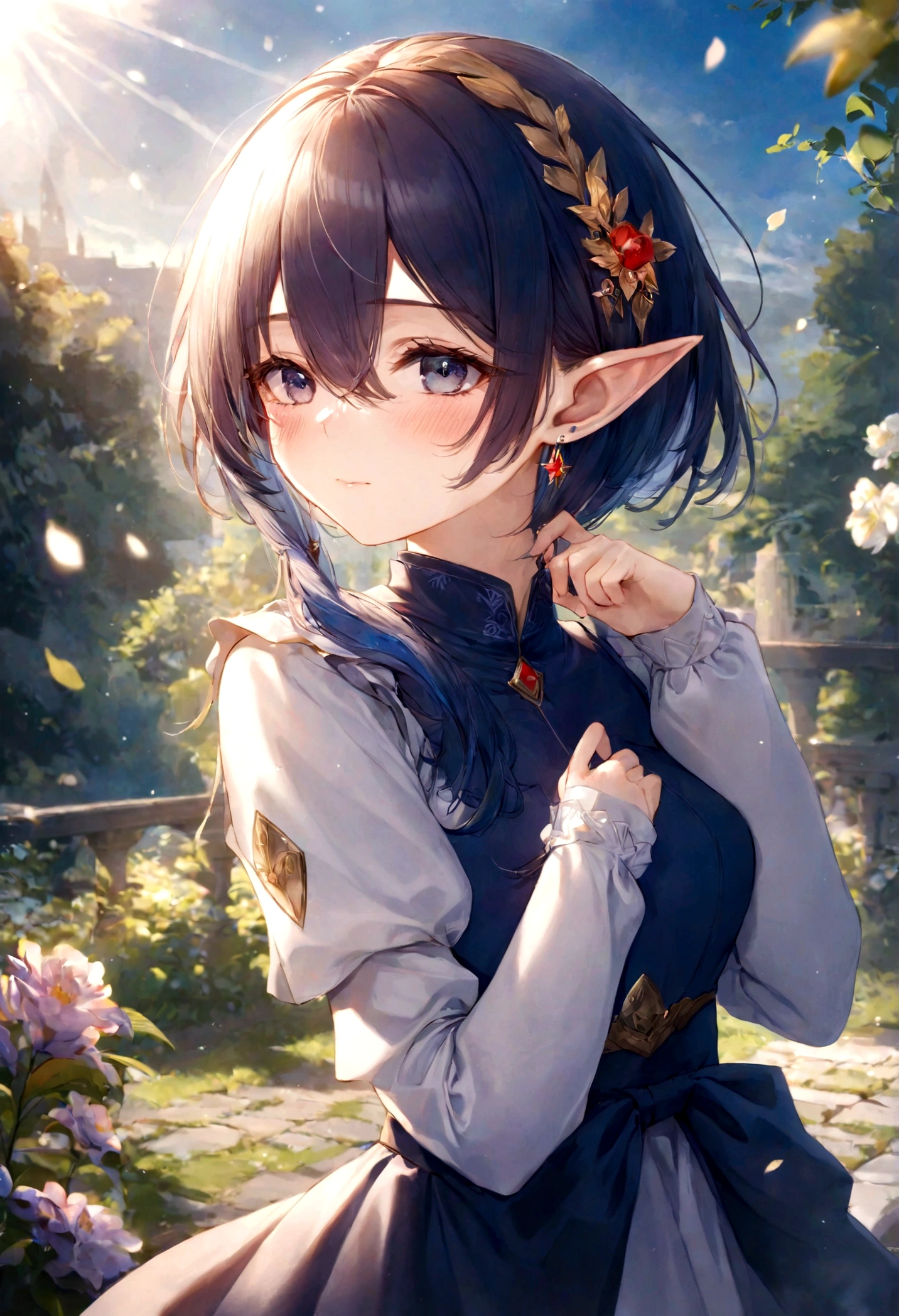 1girl, cute pose, frieren, sousou no frieren, elf, outdoors, sunlight, blush, closed mouth, hair between eyes, long sleeves, earrings, best quality, masterpiece, very aesthetic, perfect composition, intricate details, ultra-detailed