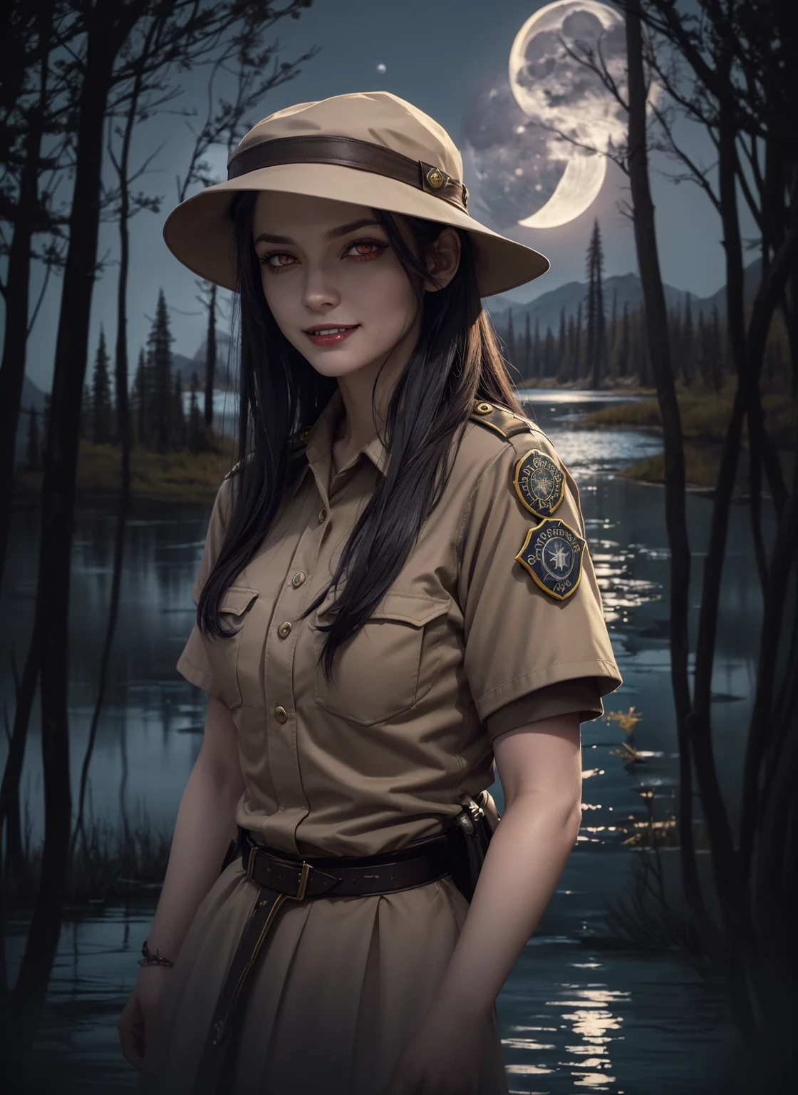 (((night, moonlight))) ((a deserted lake)), style of a painted book illustration, dramatic lighting, ((depth of field)), ((masterpiece)), ((best quality)), ((highly detailed)), horror theme
