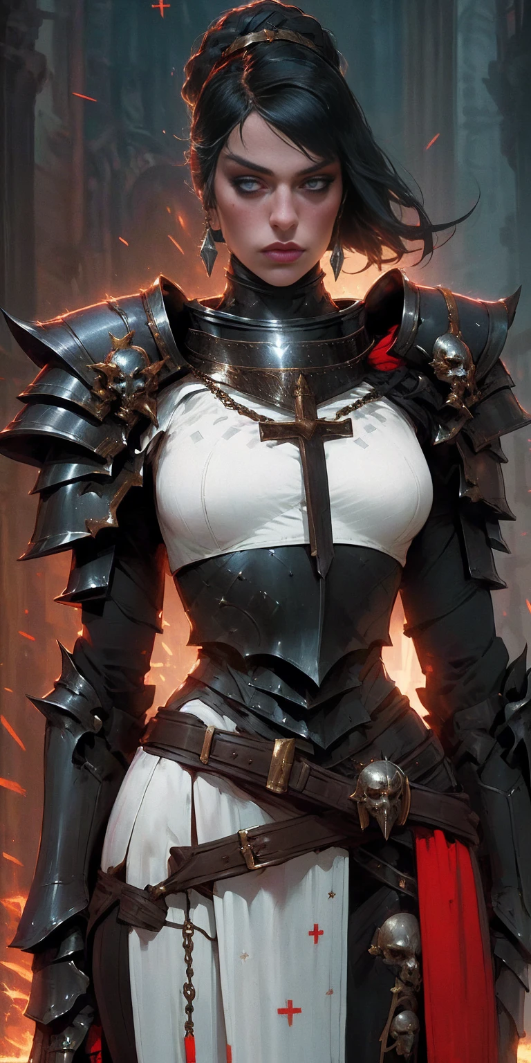 score_8_up, score_7_up, 1girl, paladin girl in chainmail armor, tabard, heavy shoulder pads, belt, gauntlets, glowing particles, realistic, smite style