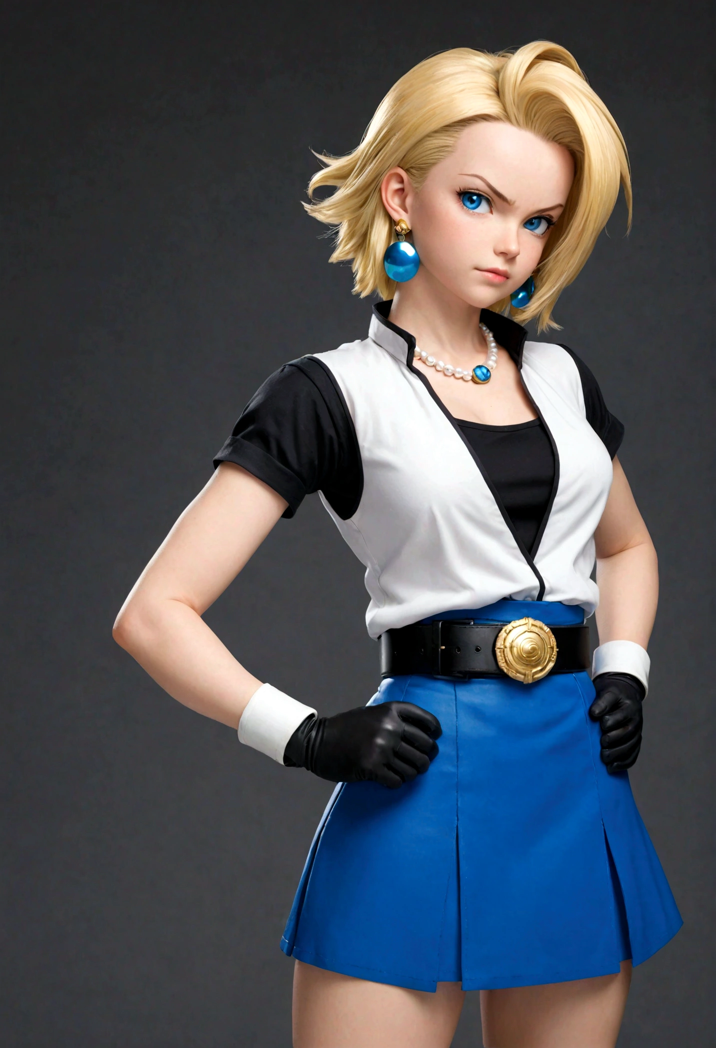 1girl, android18 from "Dragon Ball", cute pose, sysdeep_android18, cyborgc18dbz, DB_Android_18, a woman, jewelry, blond hair, Short hair, earrings, blue eyes, belt, necklace, blue skirt, black fingerless gloves, white shirt, vest, hoop earrings, short sleeves, bracelet, pearl necklace, black belt, belt buckle, (masterpiece, best quality, Professional, perfect composition, very aesthetic, absurdres, ultra-detailed, intricate details:1.3)