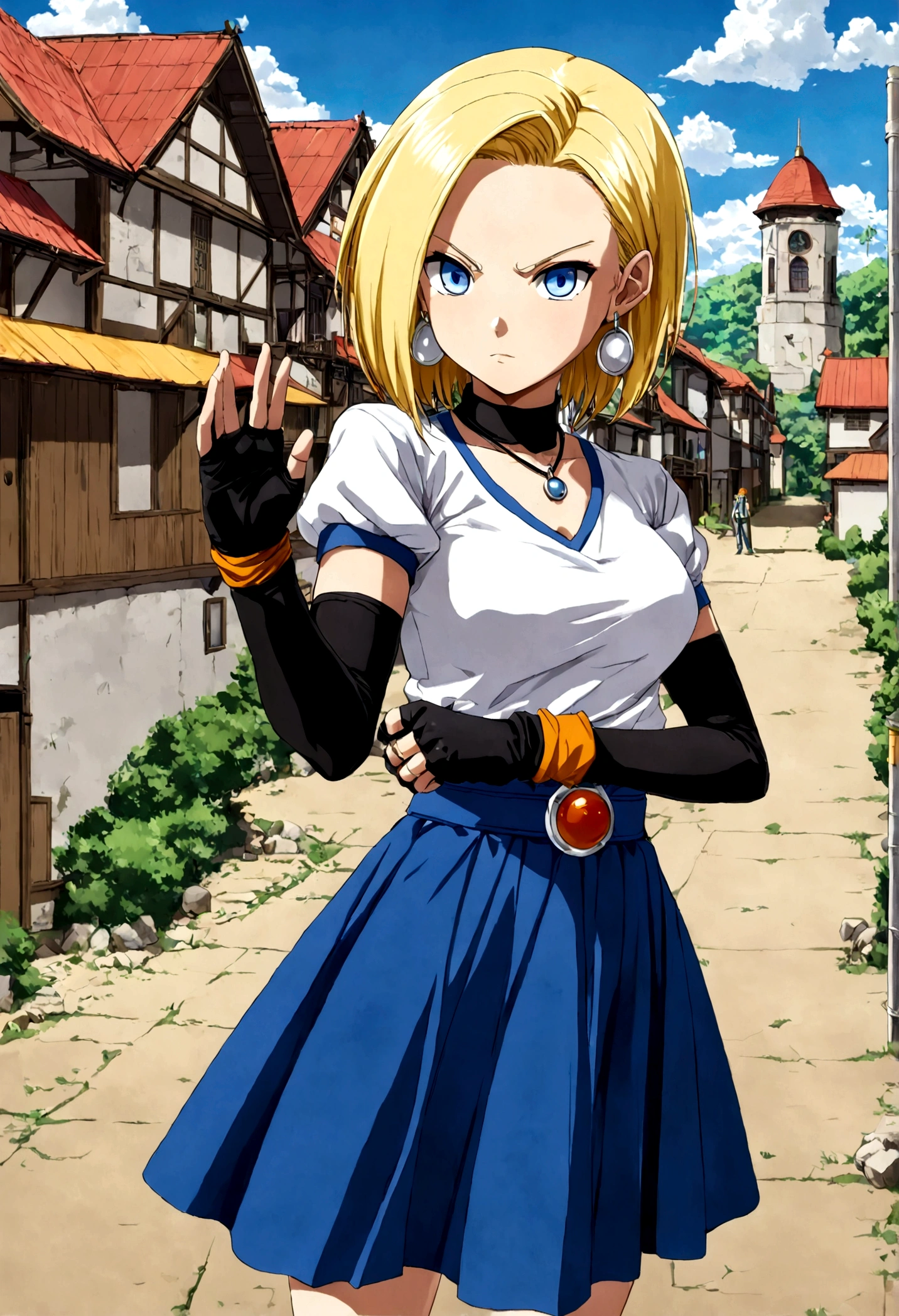 1girl, android18 from "Dragon Ball", cute pose, outdoors, sysdeep_android18, cyborgc18dbz, DB_Android_18, a woman, jewelry, blond hair, Short hair, earrings, blue eyes, belt, necklace, blue skirt, black fingerless gloves, white shirt, vest, hoop earrings, short sleeves, bracelet, pearl necklace, black belt, belt buckle, (masterpiece, best quality, Professional, perfect composition, very aesthetic, absurdres, ultra-detailed, intricate details:1.3)