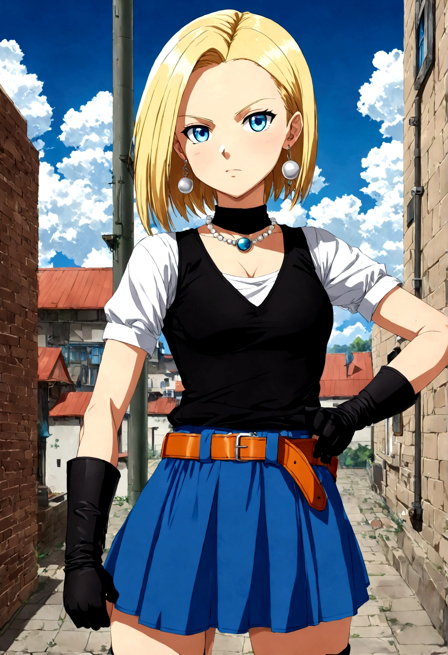1girl, android18 from "Dragon Ball", cute pose, outdoors, sysdeep_android18, cyborgc18dbz, DB_Android_18, a woman, jewelry, blond hair, Short hair, earrings, blue eyes, belt, necklace, blue skirt, black fingerless gloves, white shirt, vest, hoop earrings, short sleeves, bracelet, pearl necklace, black belt, belt buckle, (masterpiece, best quality, Professional, perfect composition, very aesthetic, absurdres, ultra-detailed, intricate details:1.3)