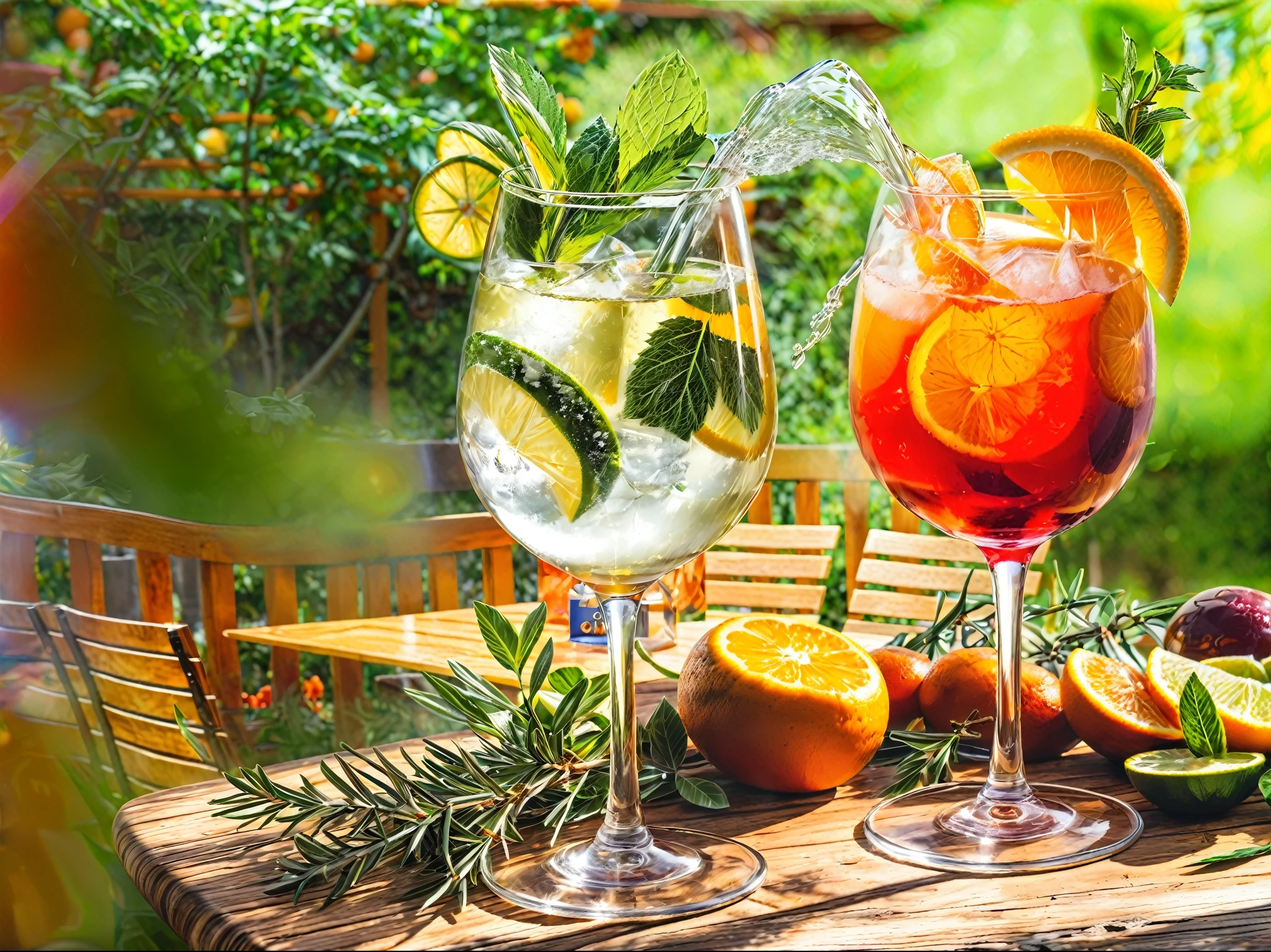 there are two glasses of wine and two oranges on a table, drinks, cold drinks, colorful coctail, chianti molotov cocktails, interesting background, on a sunny day, sparkling in the sunlight, mixing drinks, drinking cocktail, best on adobe stock, sparkling spirits, summer feeling, garden behind the glasses, stunning visual, beautiful sunny day