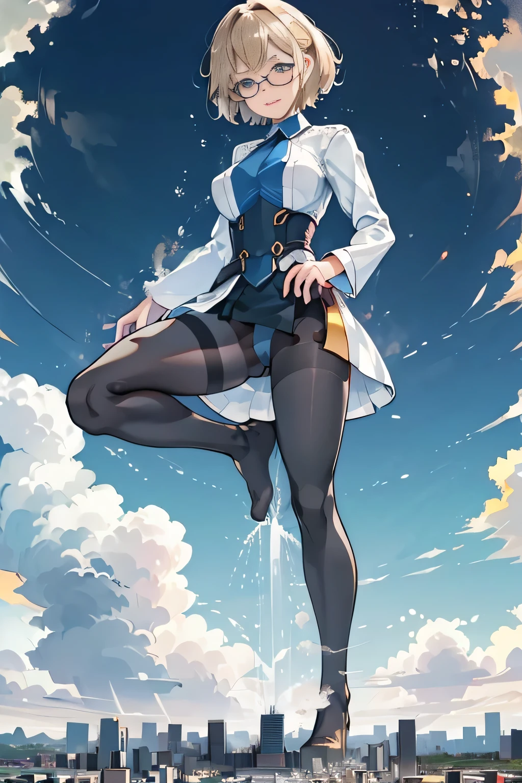 giantess art, highly detailed giantess shots, giantess, Two legs, Five fingers, short hair, A beautiful girl who is bigger than a skyscraper, Wearing rimless glasses, smile, Big Breasts, In underwear, Black Pantyhose, black pantyhose, no shoes on, toes visible through pantyhose, Steam coming out from the soles of my feet, Destroying cities, A very small big city, Miniature metropolis, Full body description, GTS, giga giantess, stomping city, crash city, tiny city, micro city, pantyhose feet, High resolution, highest quality, masterpiece, transparent bodystocking,