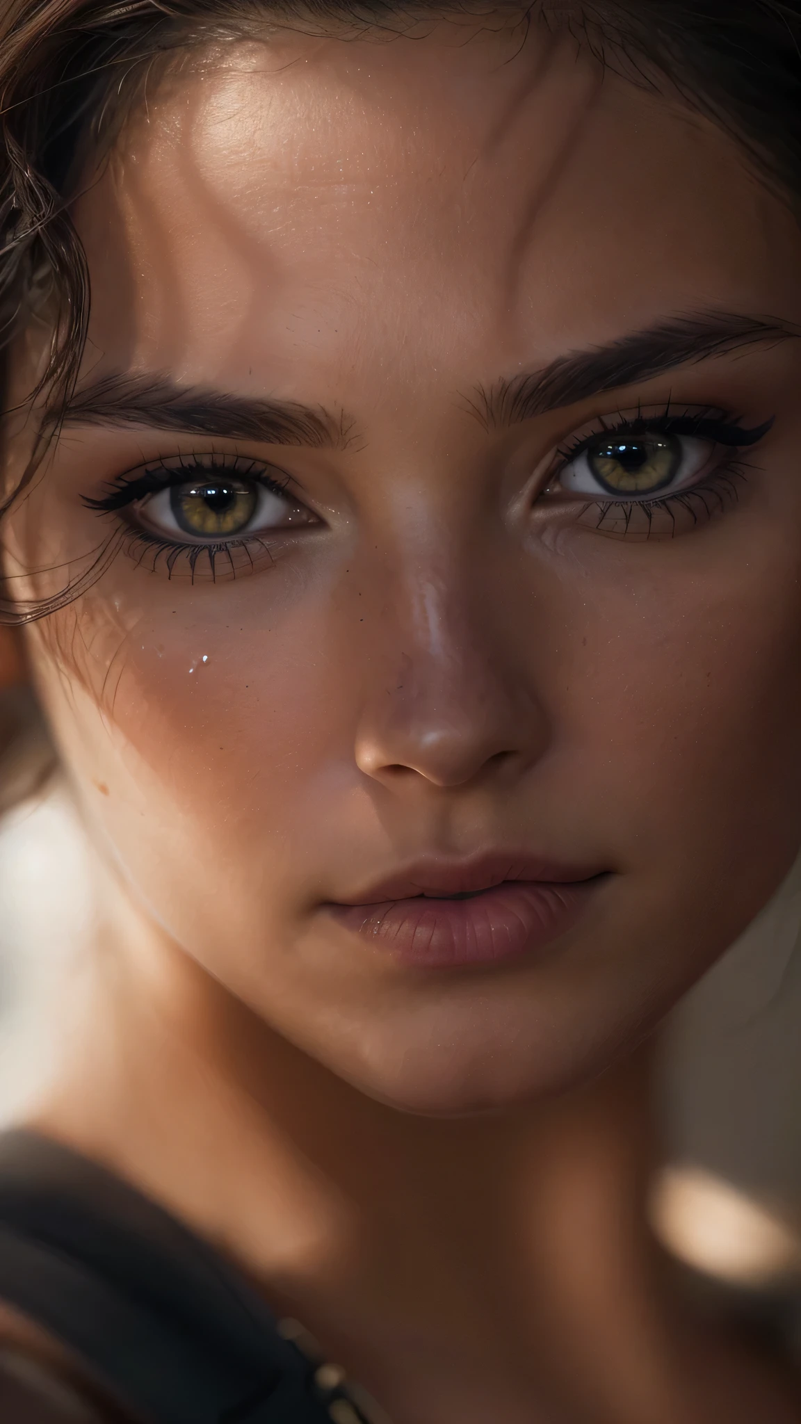 photorealistic Realism 8K, 16K, Quality: (Hyper absurd quality, extremely detailed detail, hyper resolution, clear sharp focus, not blurry, Realistic brown_eyes), ((perfect dark_eyeshadows:1.45)), (super Detailed, beautiful little nose:1.2), (perfect composition), (Wonder Woman Cosplay), incredibly similar to the original outfit from the WW movie, dynamic stance, face focused on the target in the distance, ready to fight, (upper body shot), (close up of her face), beautiful cheekbones, double eyelids, dslr, best high quality soft lighting, sharp focus captured by Fujifilm XT3, f 5.6, in a dramatic lighting, ((perfect composition)), ((pale skin)), ((dry skin)),
