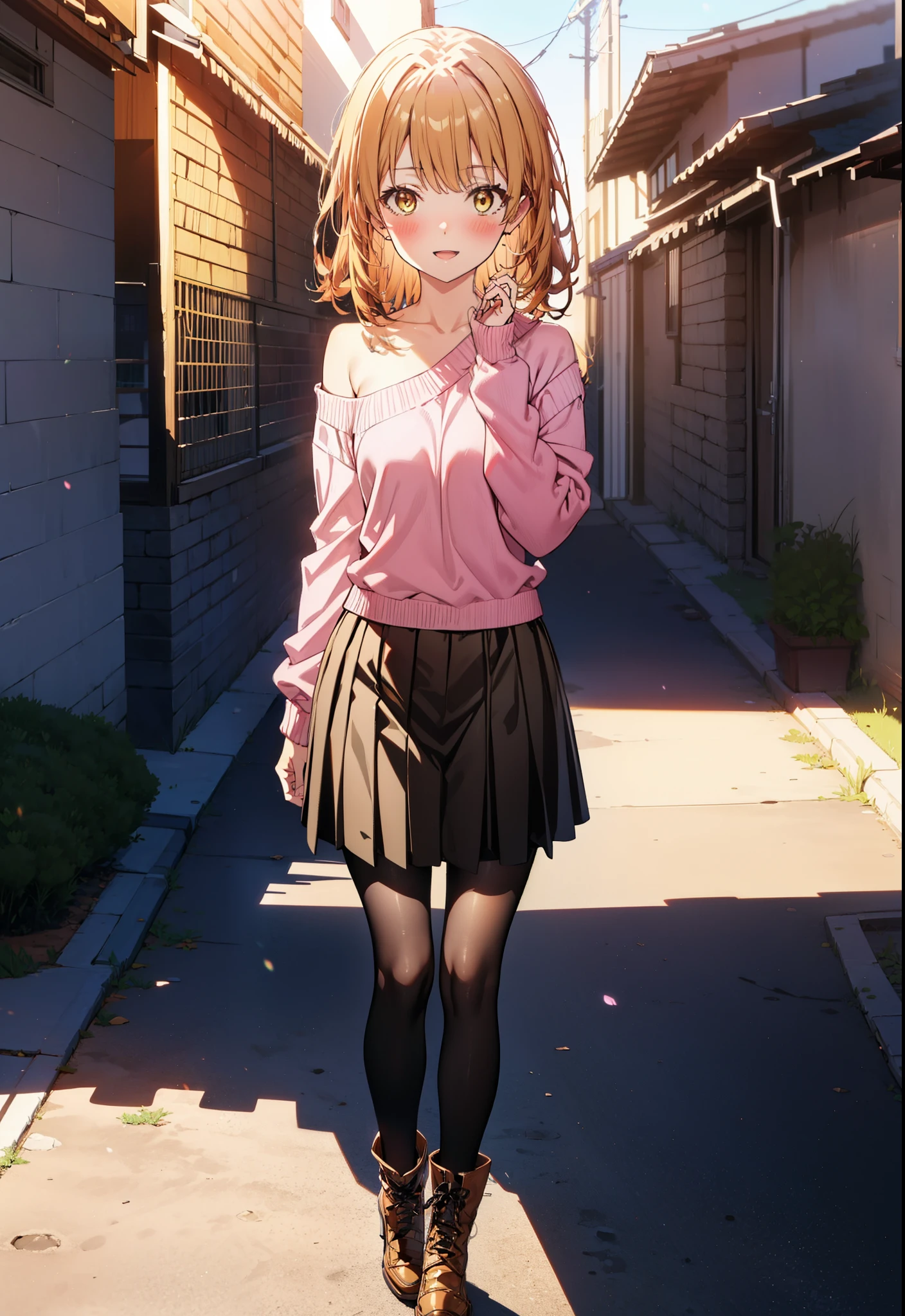 irohaisshiki, iroha isshiki, Long Hair, Brown Hair, (Brown eyes:1.5), happy smile, smile, Open your mouth,Yellow one-shoulder sweater,black long skirt,Black pantyhose,short boots,morning,morning陽,The sun is rising,whole bodyがイラストに入るように,Walking,scenery　Building district,
break outdoors, balcony,
break looking at viewer,whole body,
break (masterpiece:1.2), highest quality, High resolution, unity 8k wallpaper, (figure:0.8), (Beautiful fine details:1.6), Highly detailed face, Perfect lighting, Highly detailed CG, (Perfect hands, Perfect Anatomy),