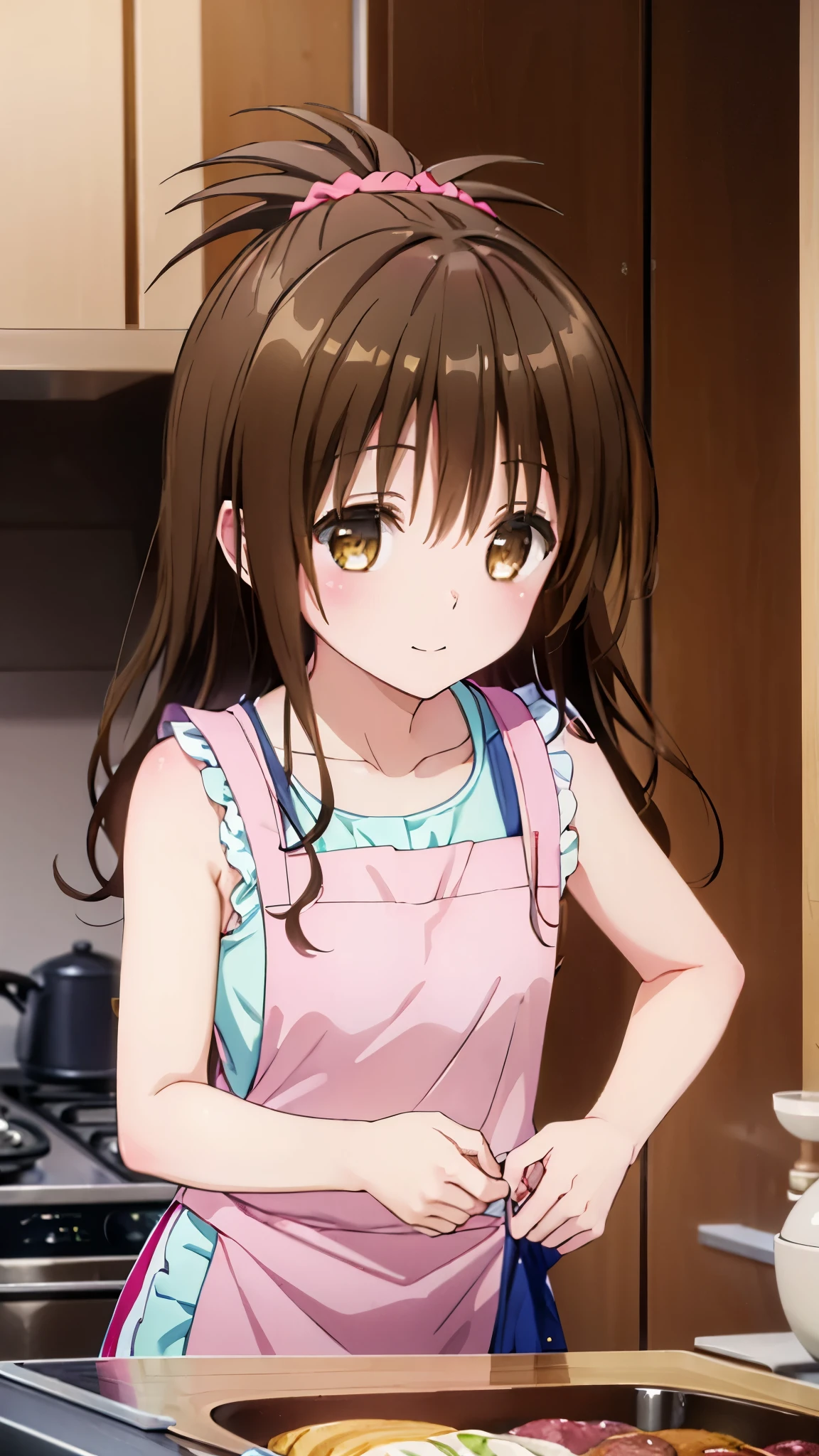 Follow Us, Food Yuuki, (Brown eyes:1.7), Brown Hair, hair ornaments, hair Scrunchie, Long Hair, smile,blush,pink Scrunchie, Scrunchie, (Flat Chest:1.2),White Sleeveless Dress,Exposing shoulders,Bare neck,bare clavicle,Shorts,apron,White socks,cook in the kitchen、フライパンでエビを調理する break looking at viewer, break indoors, kitchen, break (masterpiece:1.2), highest quality, High resolution, unity 8k wallpaper, (shape:0.8), (Fine and beautiful eyes:1.6), Highly detailed face, Perfect lighting, Highly detailed CG, (Perfect hands, Perfect Anatomy),