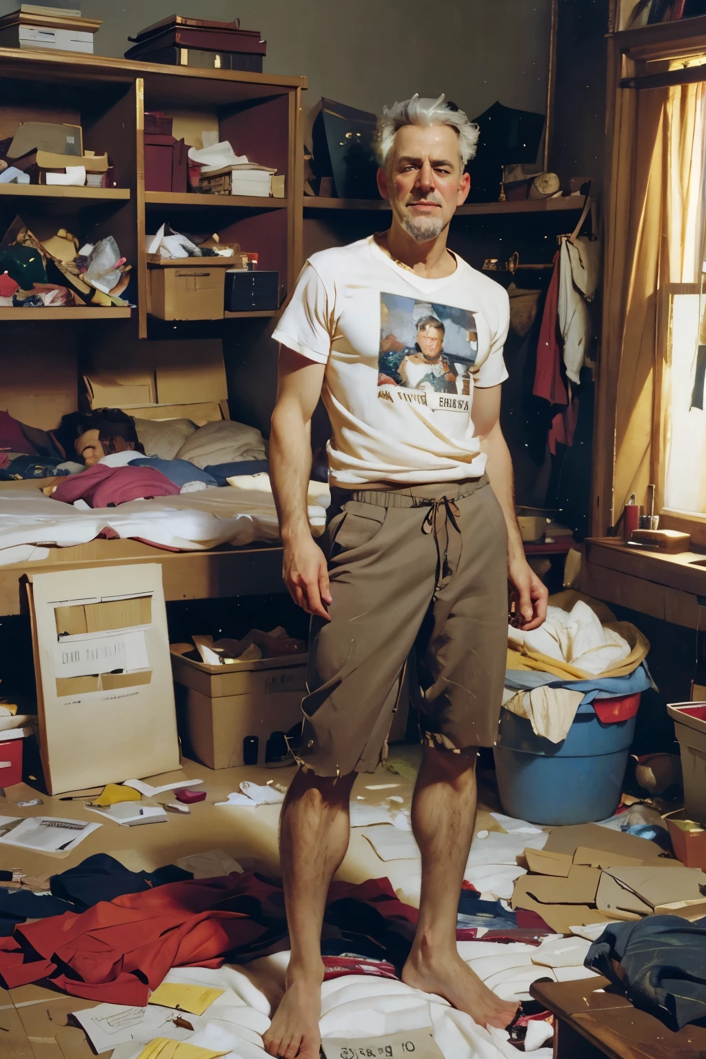 handsome man, gray hair, portrait, tshirt, shorts, messy room, room full of trash, sargent, by sargent