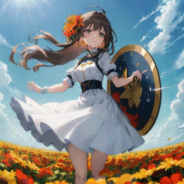 Anime girl in a flower garden with shield and shield, Beautiful sunflower anime girl, Kantai Collection Style, Cute anime waifu in a nice dress, Anime! 4K, Anime! 4 k, anime style 4 k, beautiful anime artwork, Anime wallpapers in 4K, hd anime wallaper, anime wallaper, beautiful anime art, Smooth Anime CG Art, Official art