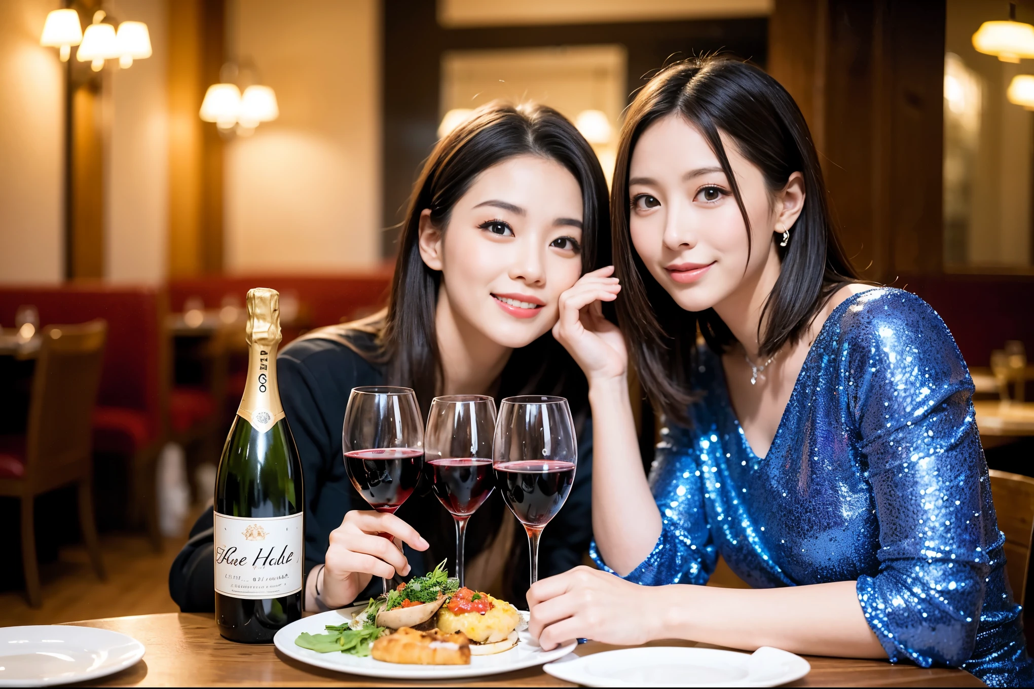 ((highest quality、8k、masterpiece:1.3))、1 male 1 female、A lover who resembles Satomi Ishihara、Beautiful couple、smile、full-course dinner、 (Slim face), (the body is スリム), (Brown Hair), (Shortcuts), ((Bob Hale、Straight hair:1.2)), テーブルの上のwine glass、Please shine a light on my face、 Amazing view of the sunset sky and clouds、 (Age 37), 39 years old, red wine 、Appetizers、Italian food、Wine bottle、Champagne、sparkling wine、Long sleeve shirt、dress、Attractive beauty、restaurant, Nova Frog Style, actress, model, Upper Body, White wine, red wine, wine glass, 