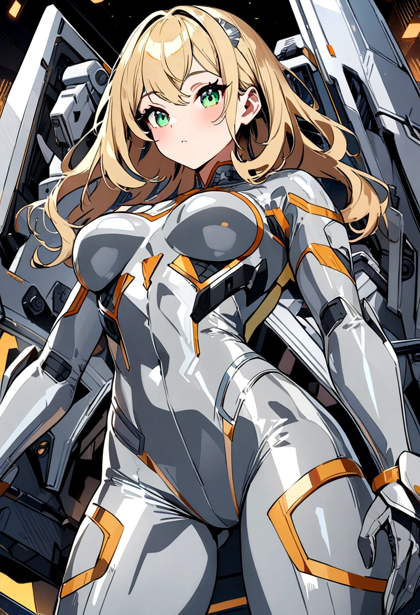 1girl,solo,Sala,original,blonde hair ,green eyes,silver bodysuit,hero bodysuit,metallic clothes,ultra-detailed,sharp focus,aesthetic,(best quality),lineartstyle
