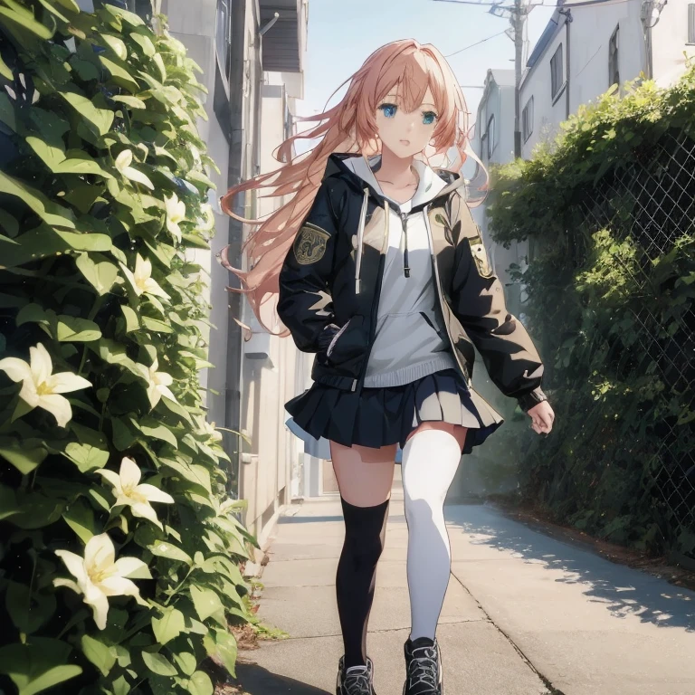 Anime girl in short skirt and jacket walks on sidewalk, beautiful anime high school girl, anime style 4 k, Anime style. 8K, young anime girl, 4k anime wallpaper, an anime girl, photorealistic anime, hd anime wallaper, realistic anime 3 d style, Anime Girl with Long Hair, Beautiful anime girl, Smooth Anime CG Art