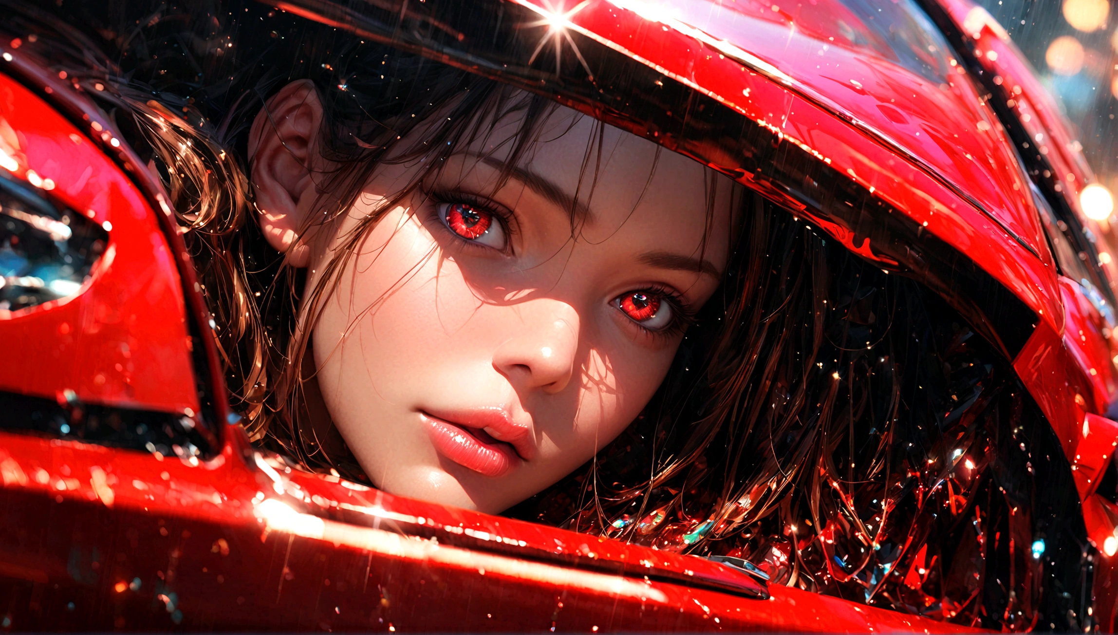 a girl with a black and red supercar, beautiful detailed eyes, beautiful detailed lips, extremely detailed eyes and face, long eyelashes, photorealistic, 8k, ultra-detailed, realistic, masterpiece, vibrant colors, dynamic lighting, glossy car paint, intricate details, dramatic composition, cinematic angle
