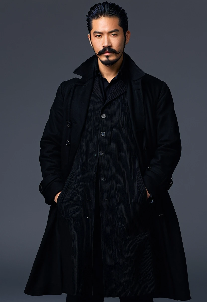 Personagem, Japanese and American mixed race, com um bigode , barba um pouco grande, wearing a black shirt and a black overcoat reaching to the shin