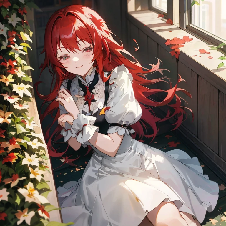 Red haired anime girl sitting on the ground in front of window, Cute anime waifu in a nice dress, Rias Gremory, guweiz on pixiv artstation, Anime visuals of cute girls, Cunning smile, in dress, Rin, guweiz on artstation pixiv